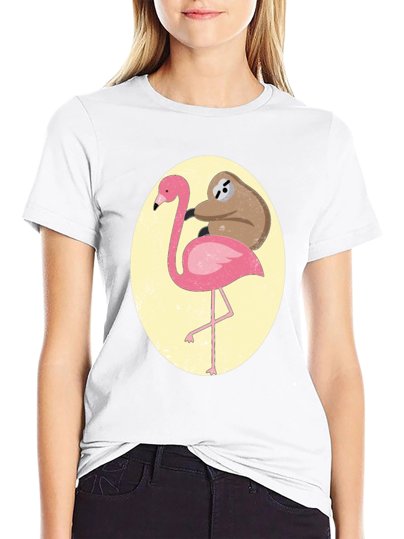 Black Sloth Riding Flamingo Graphic Tee - Black Cotton T-Shirt view 9
