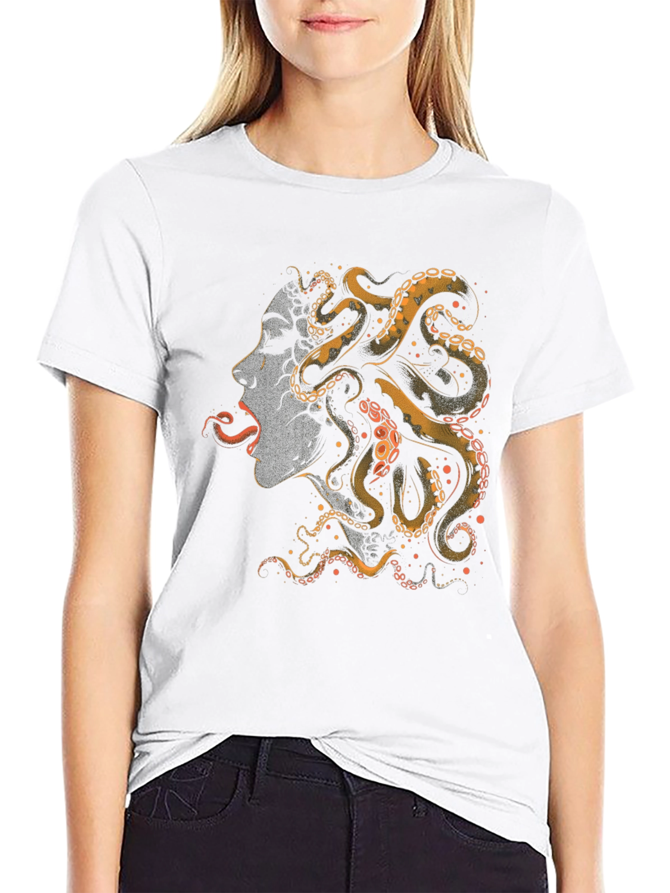 Black Octopus Woman Graphic Tee - Black Cotton T-Shirt view 9