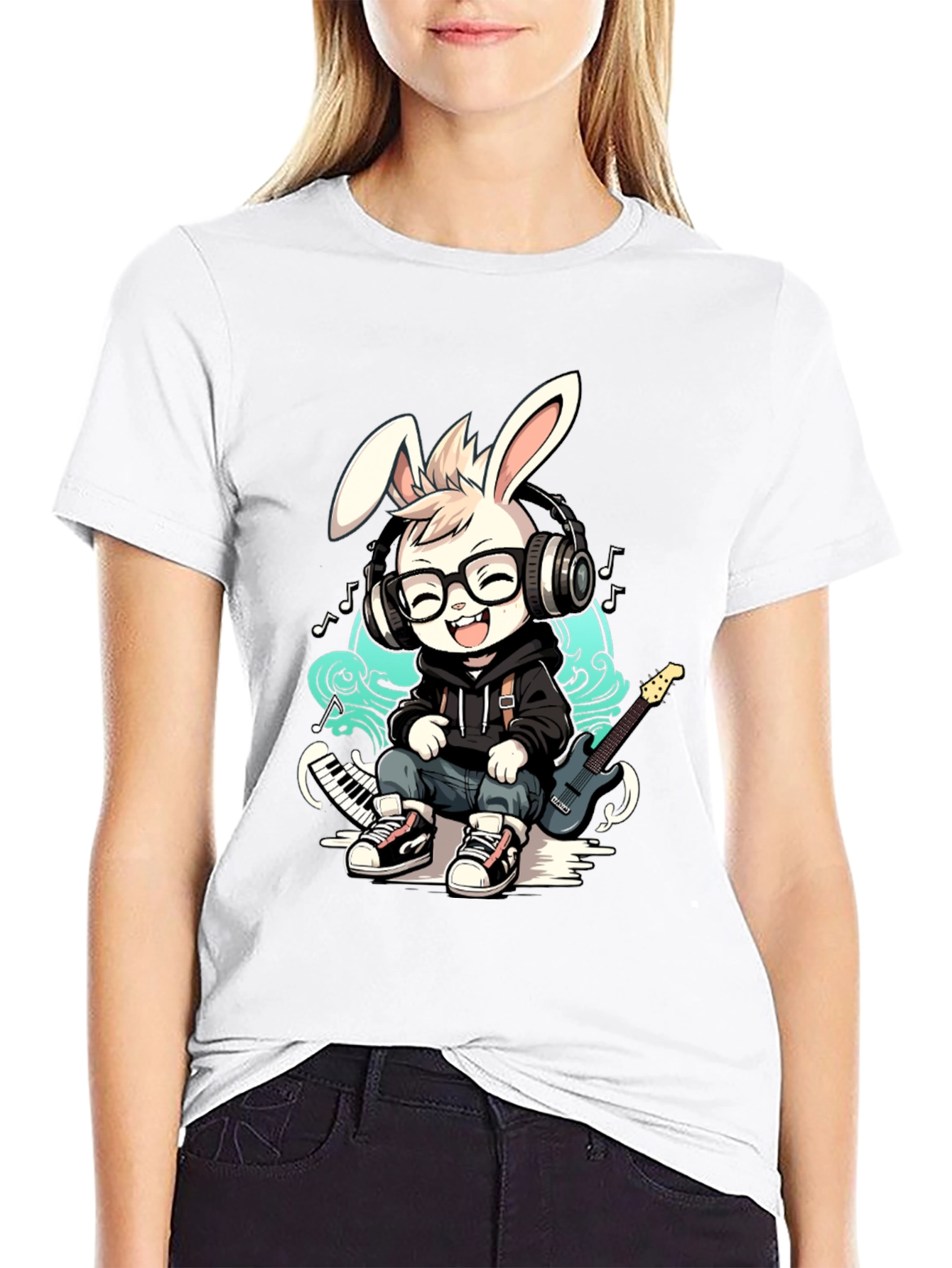 Black Cool Bunny Musician T-Shirt view 9