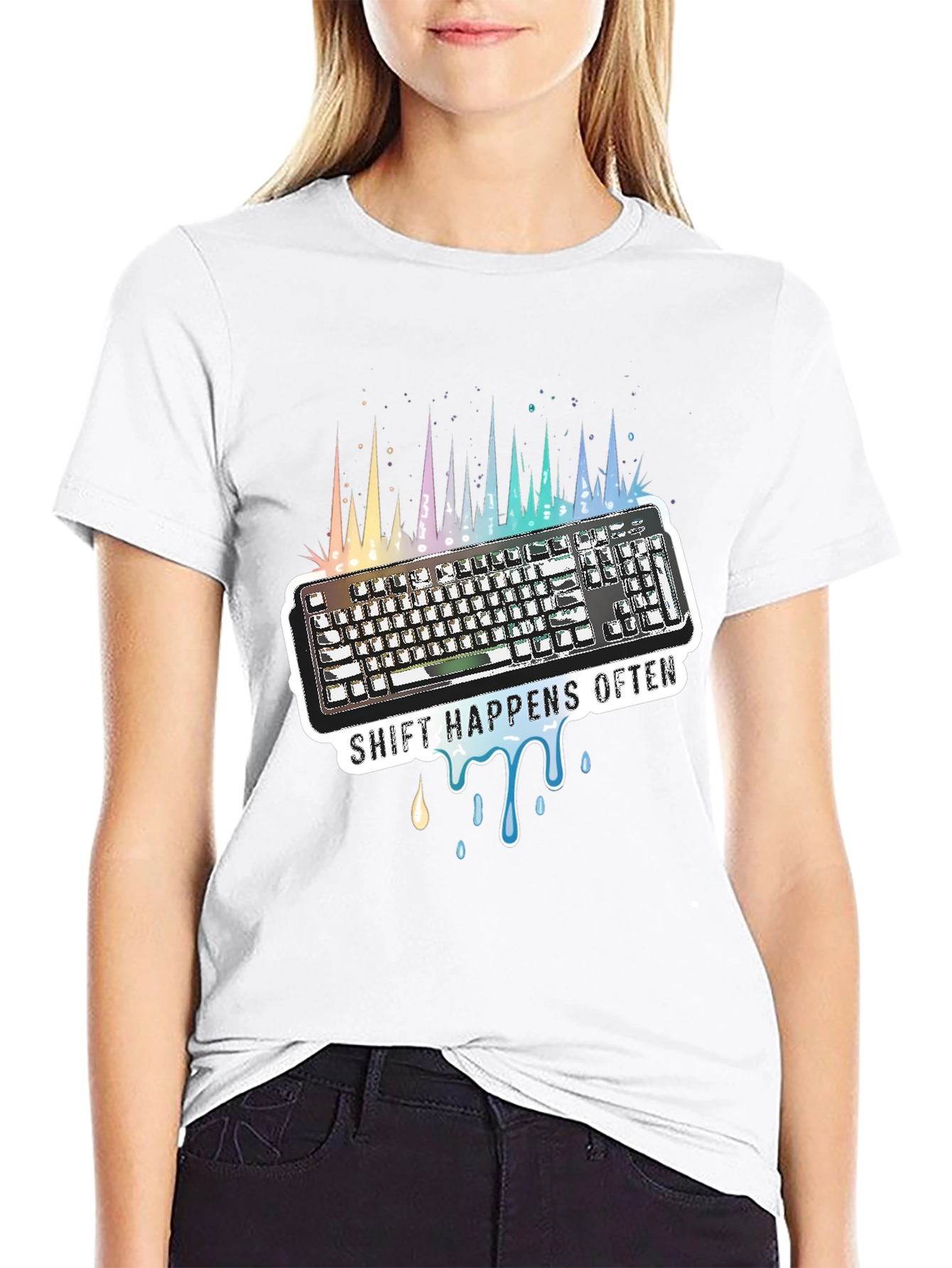 Black Shift Happens Often Keyboard T-Shirt view 9
