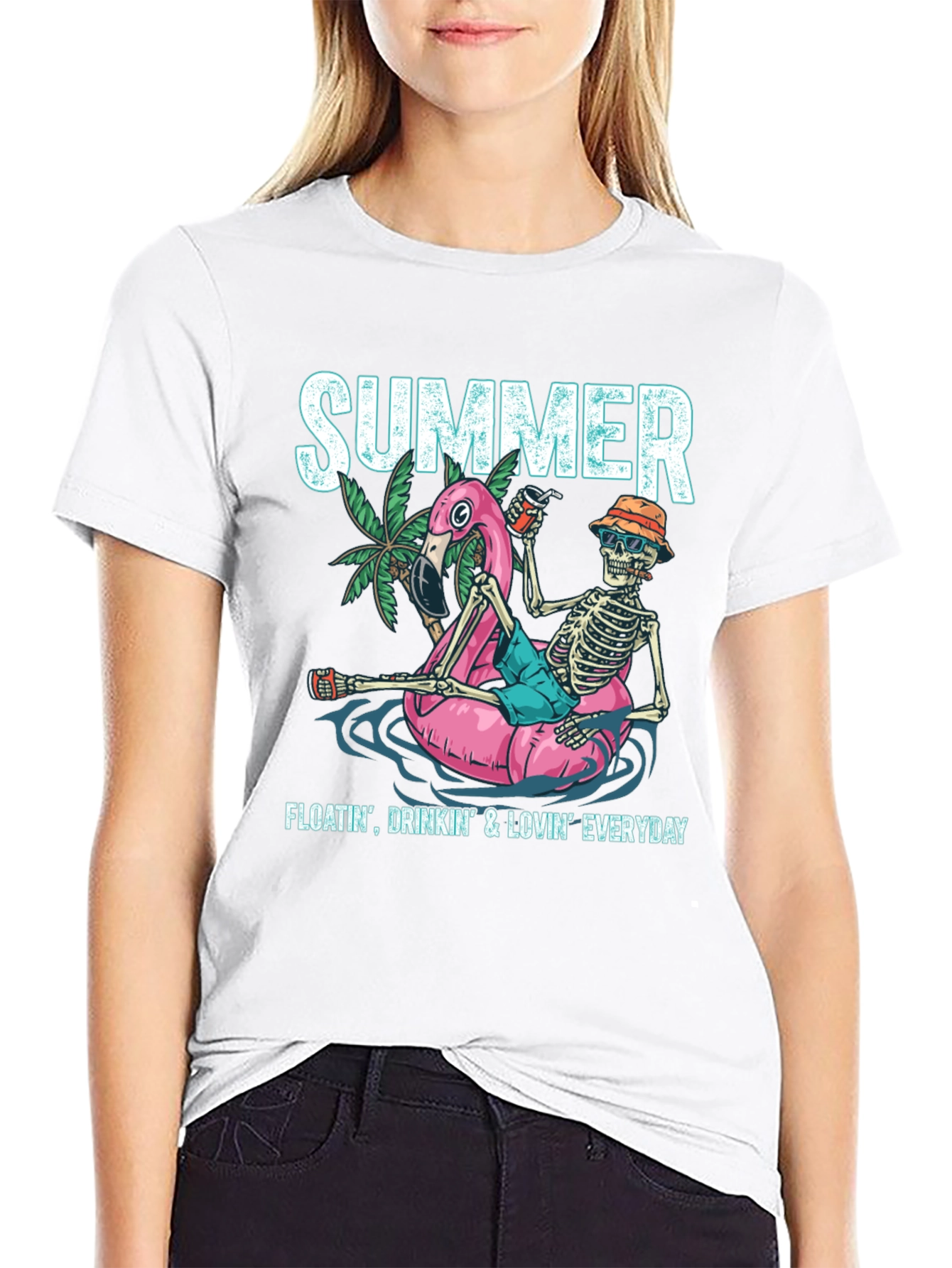 Black Summer Skeleton Flamingo Float T-Shirt view 9