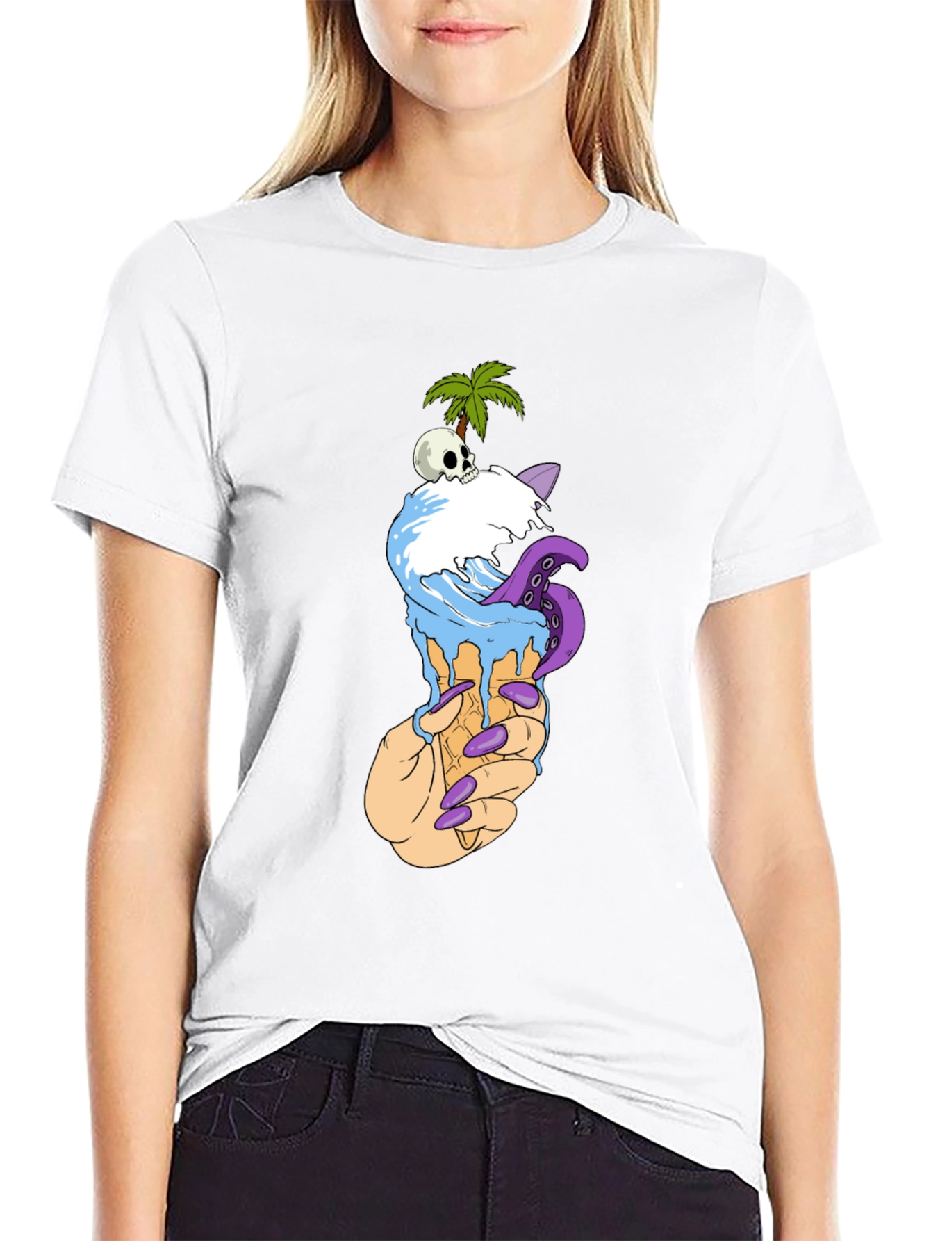 Black Ice Cream Cone Skull Palm Tree Graphic Tee view 9