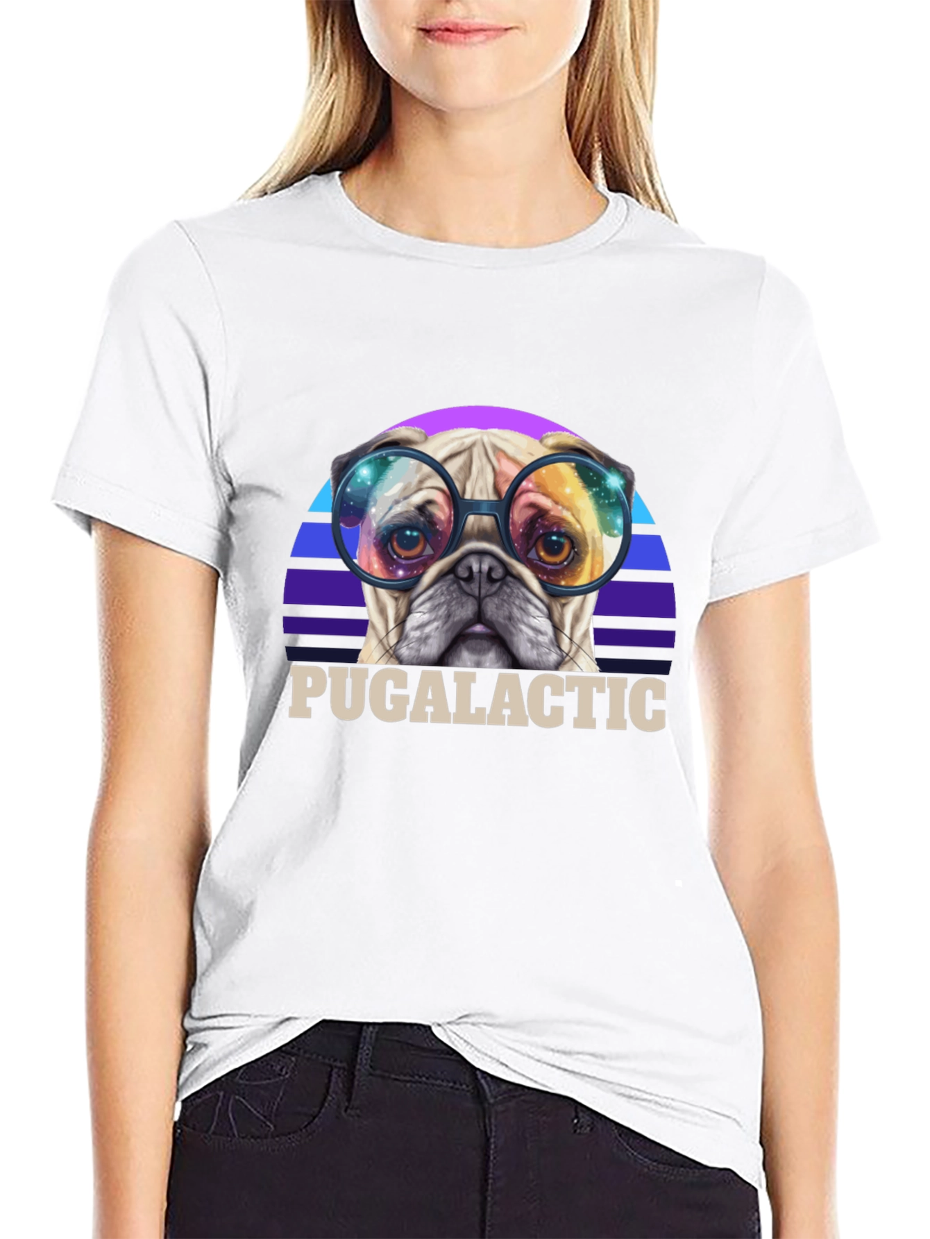 Black Puggalactic T-Shirt: Galactic Pug in Glasses view 9