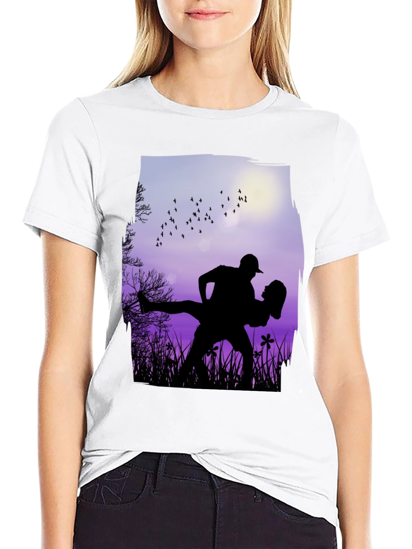 Black Silhouette Couple Dance Graphic T-Shirt - Romantic Design view 9