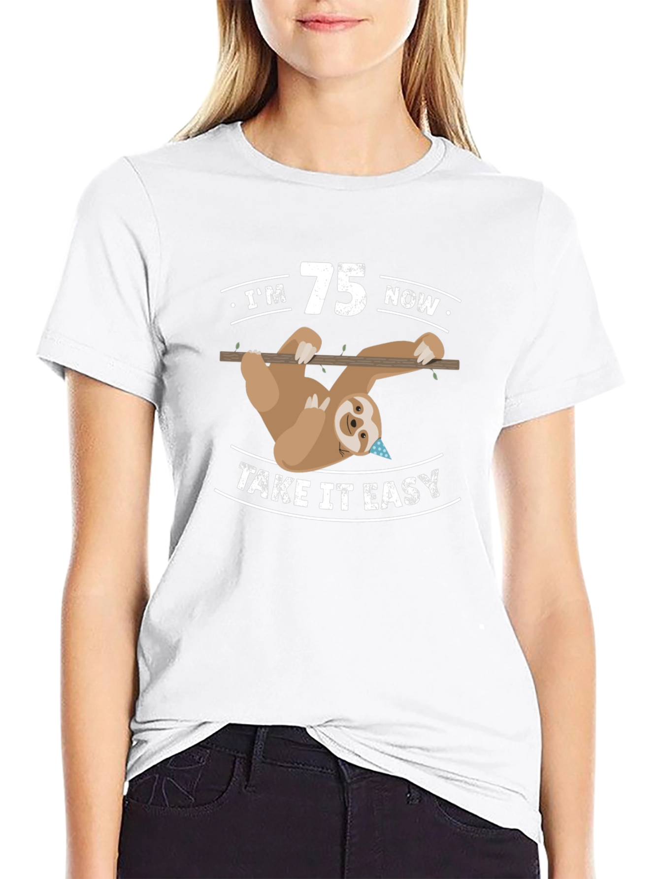 Black 75th Birthday Sloth T-Shirt view 9