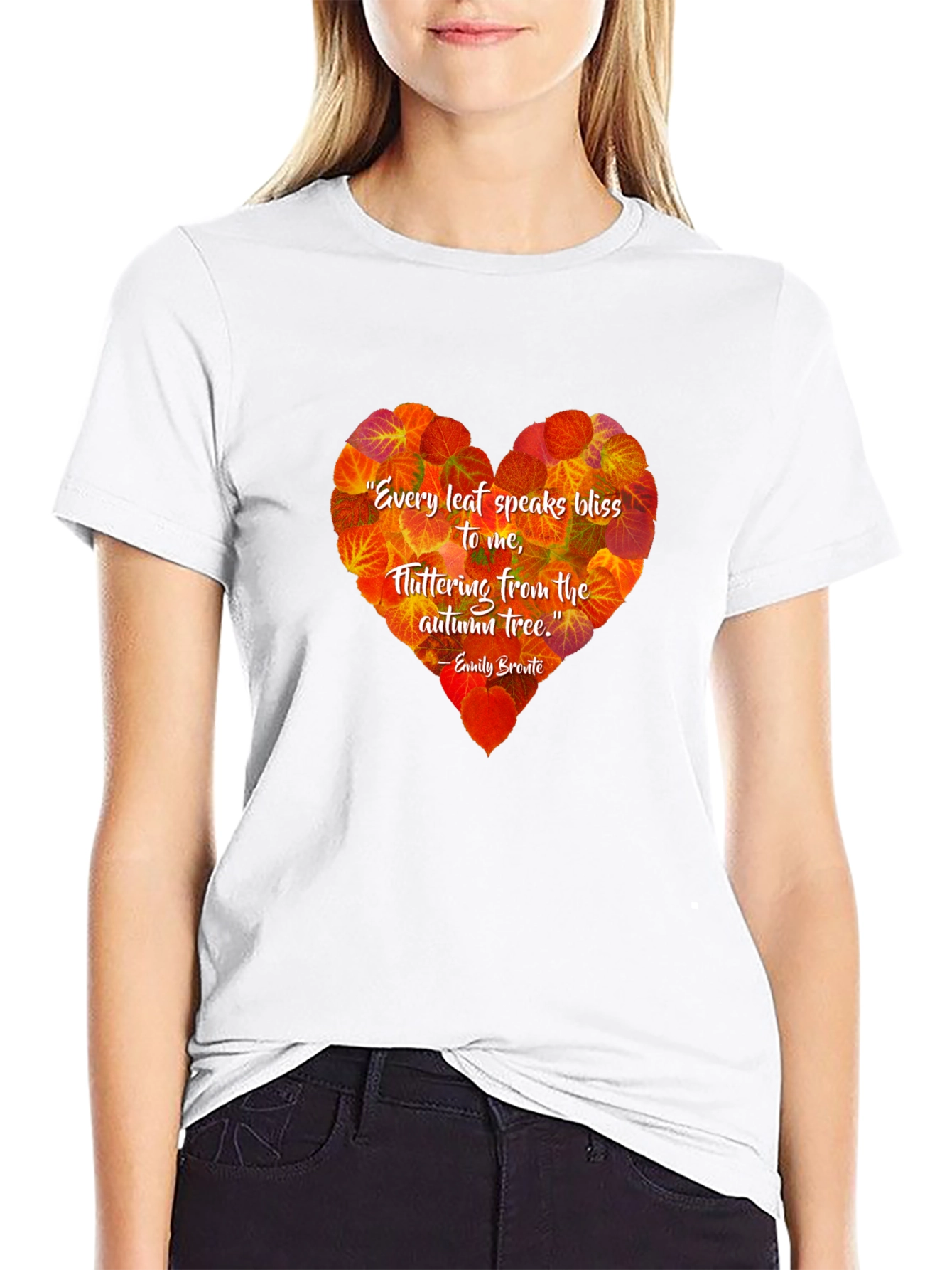 Black Autumn Leaf Heart T-Shirt - Emily Bronte Quote view 9