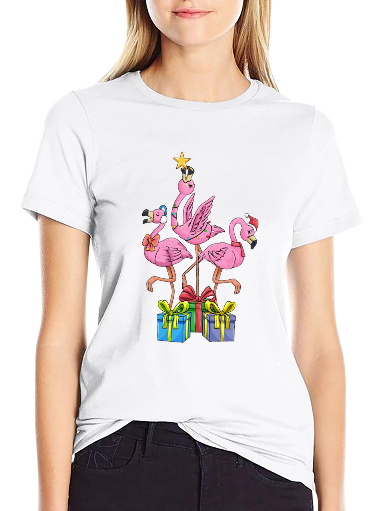 Black Festive Flamingo Christmas T-Shirt view 9