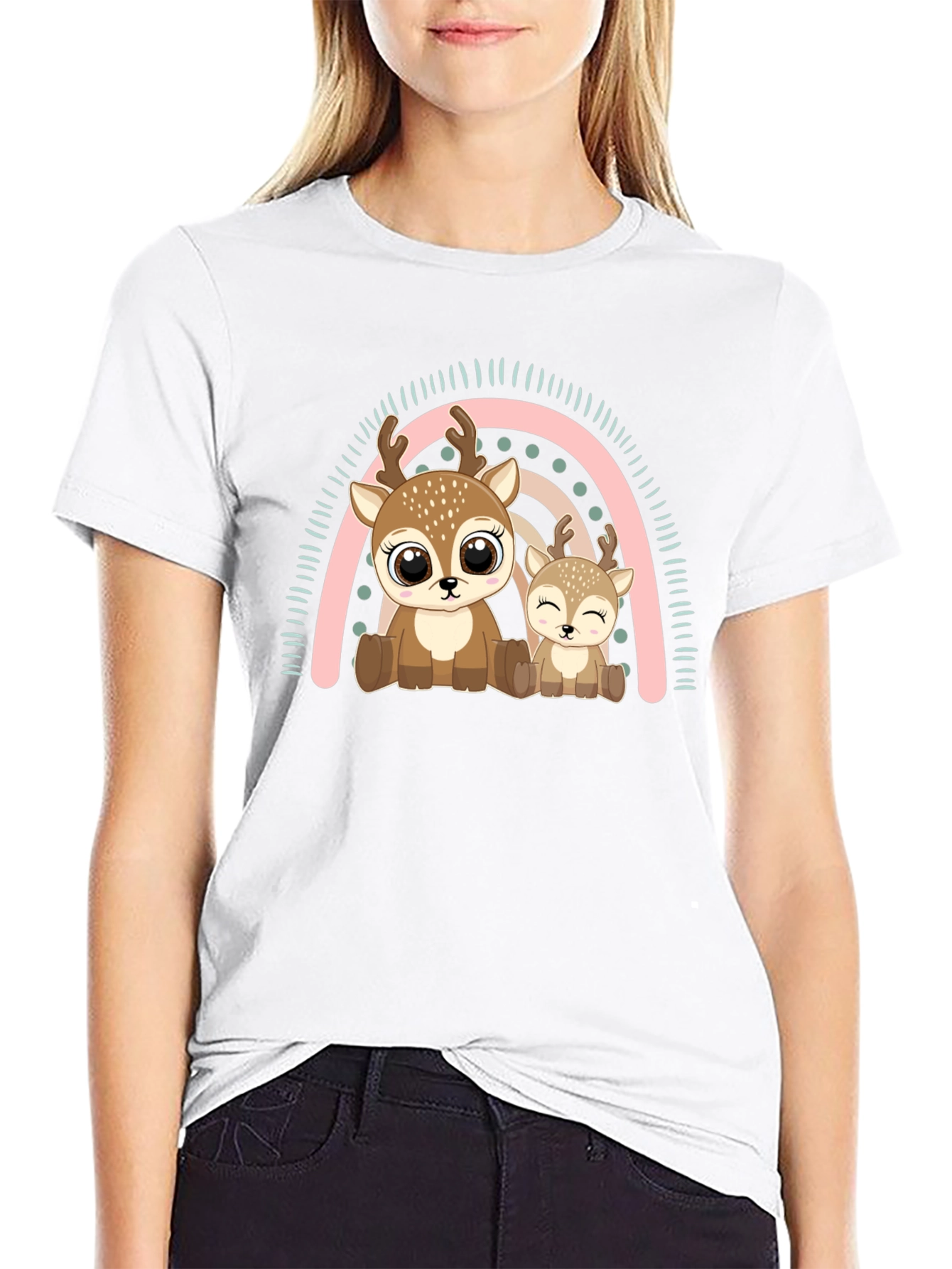 Black Cute Deer Rainbow Graphic Tee view 9
