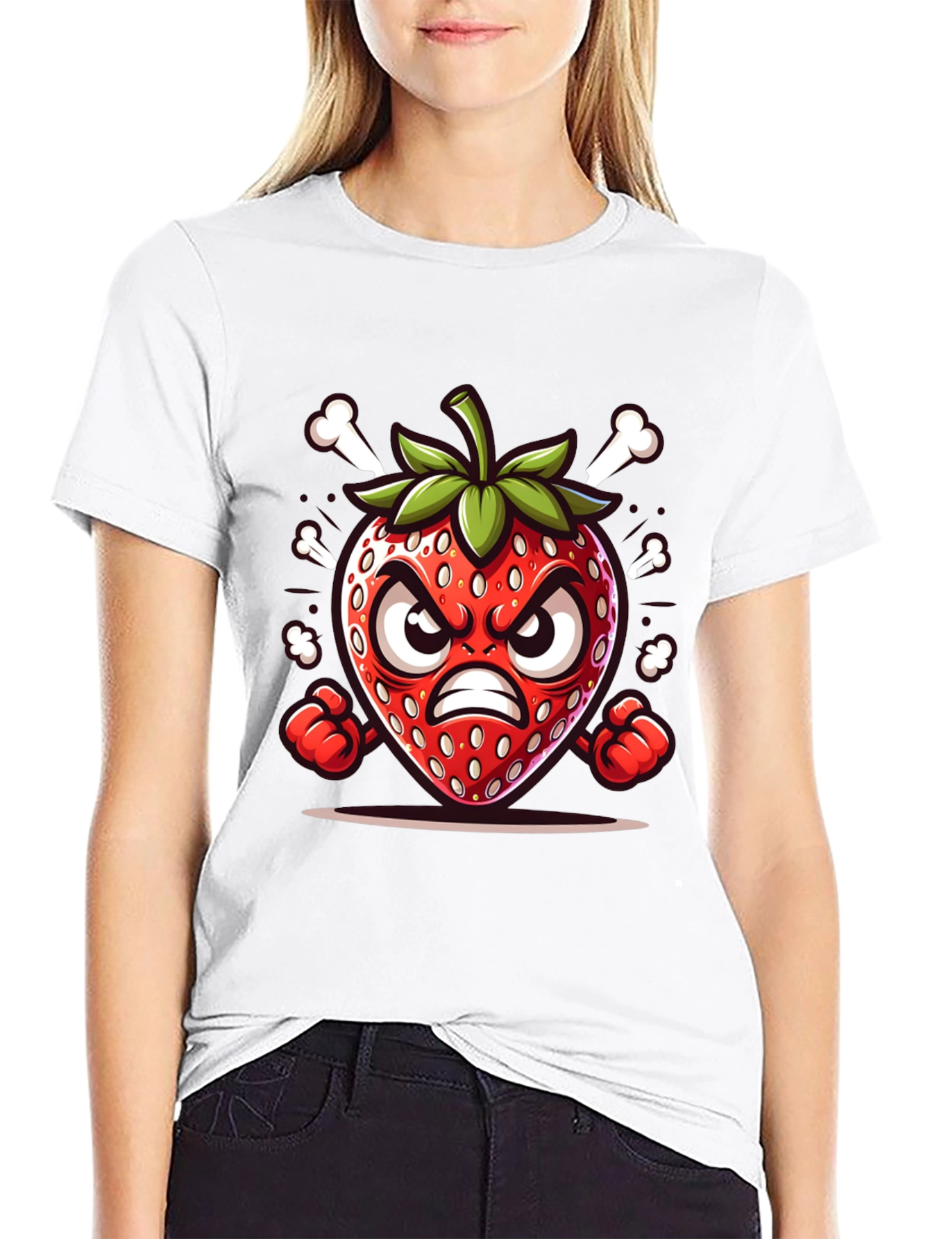 Black Angry Strawberry Cartoon Graphic Tee view 9