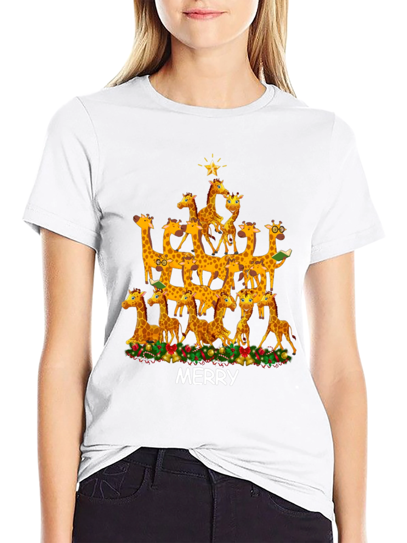 Black Merry Giraffe Christmas Tree T-Shirt view 9