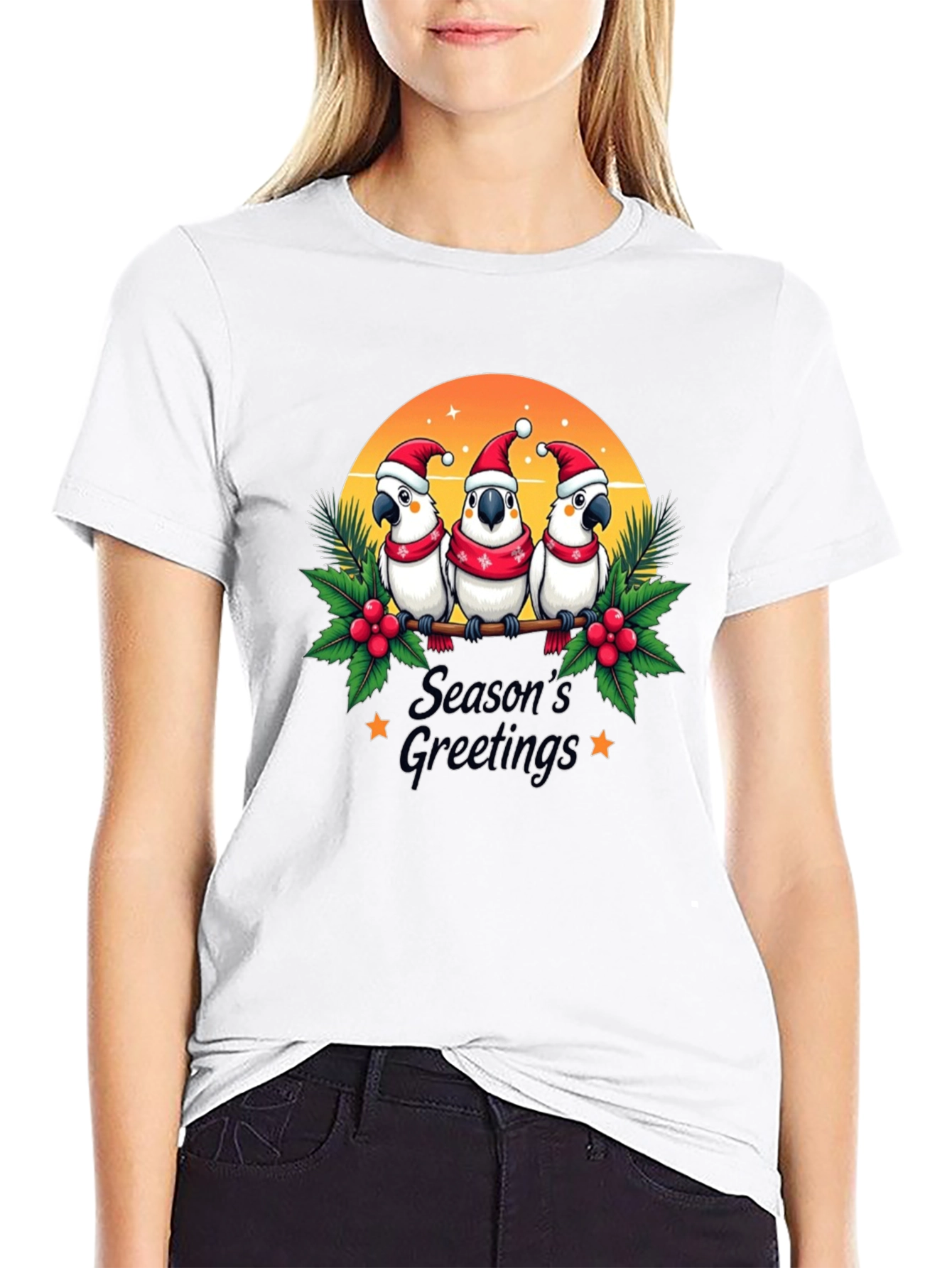Black Festive Holiday Parrots T-Shirt view 9