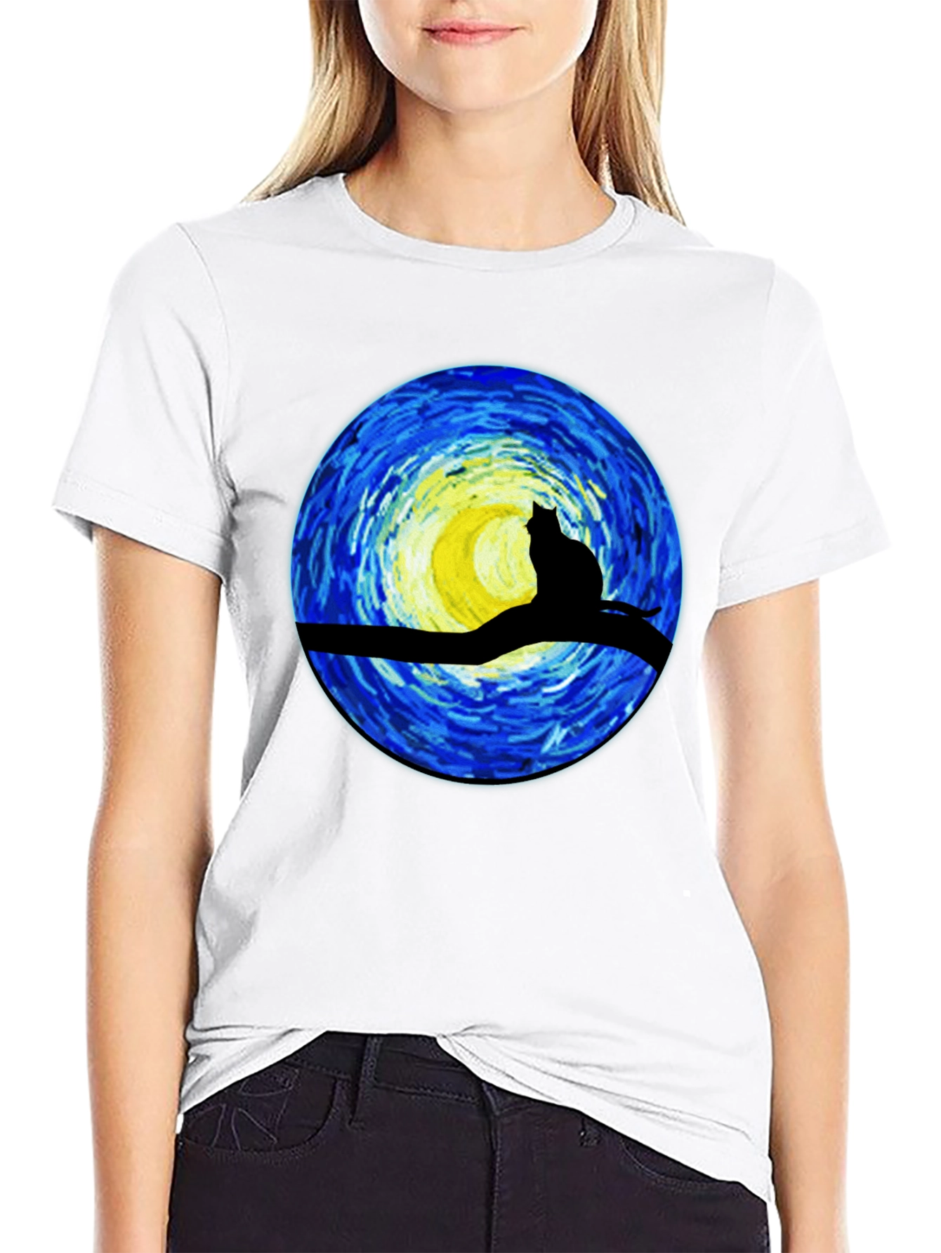 Black Starry Night Cat T-Shirt - Artistic Graphic Tee view 9