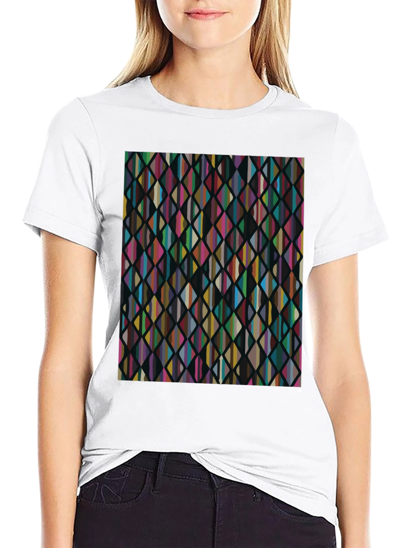 Black Abstract Geometric Rhombus Pattern Black T-Shirt view 9