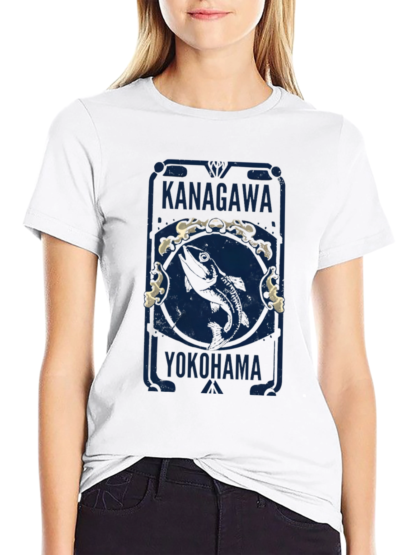 Black Kanagawa Yokohama Fish Graphic Tee - Black Cotton T-Shirt view 9