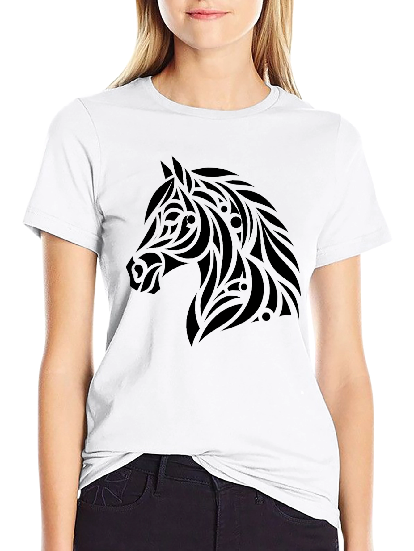 Black Tribal Horse Graphic Tee - Black Cotton Blend Shirt view 9