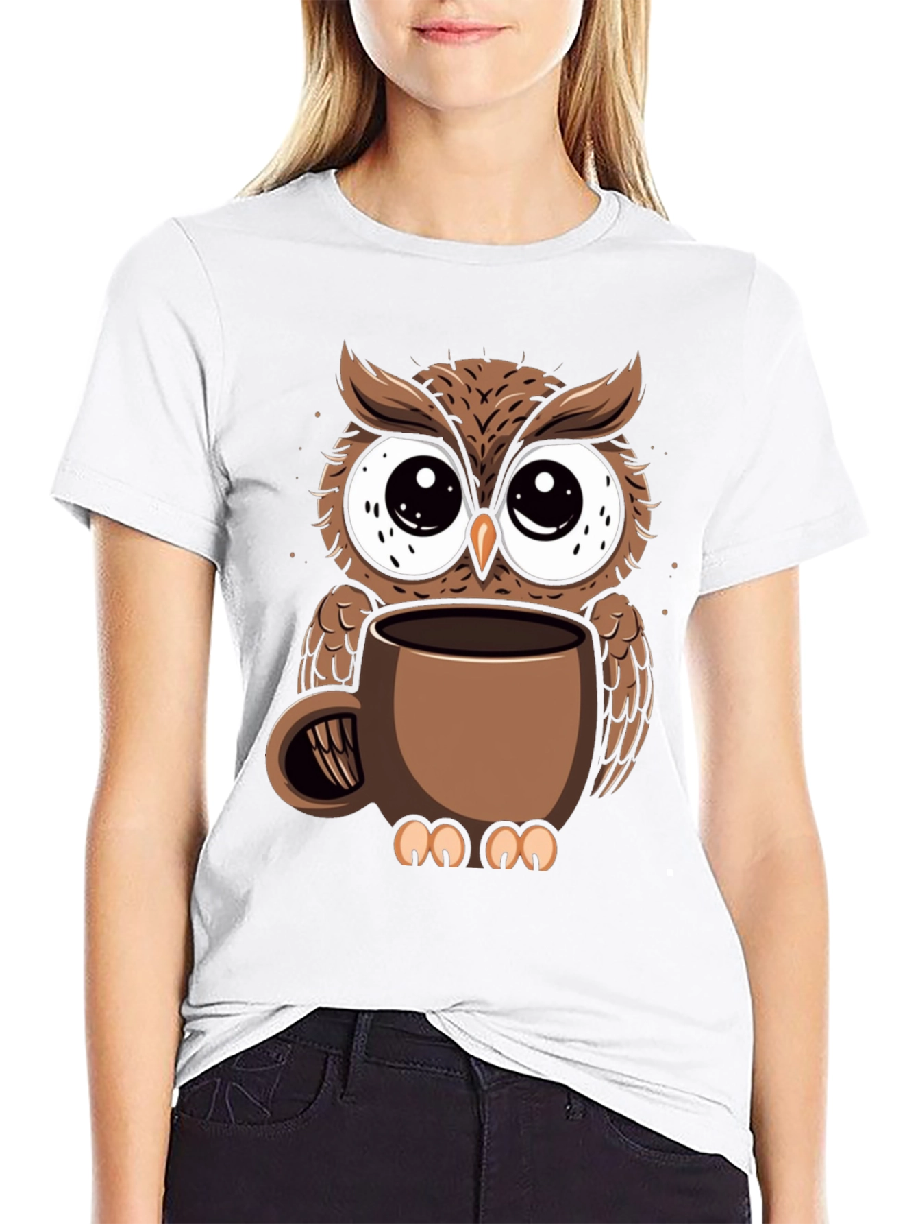Black Owl Coffee Cup T-Shirt - Whimsical Bird Lover Tee view 9