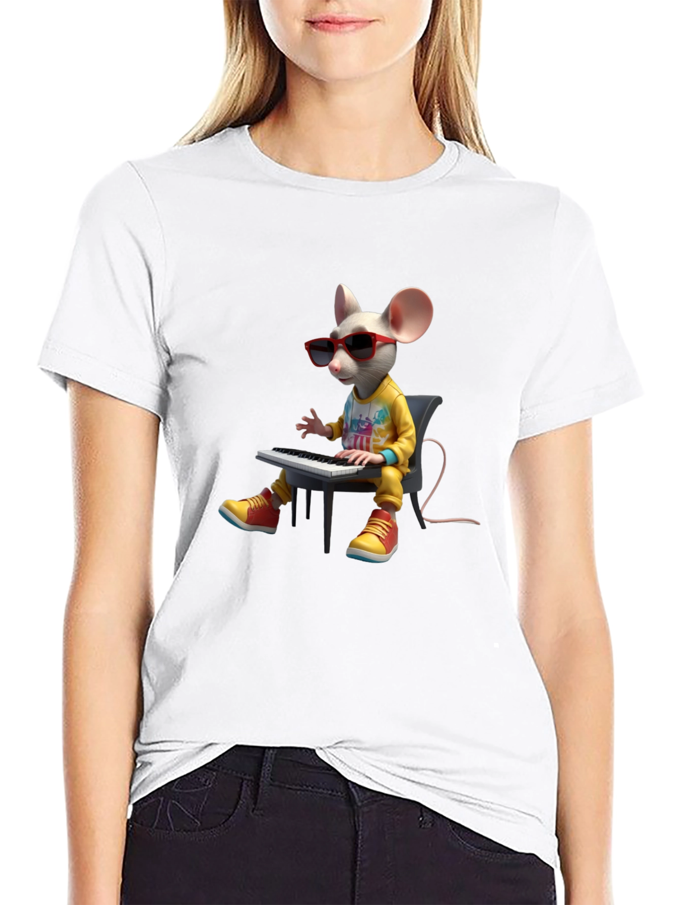 Black Cool Mouse Playing Piano Black T-Shirt view 9