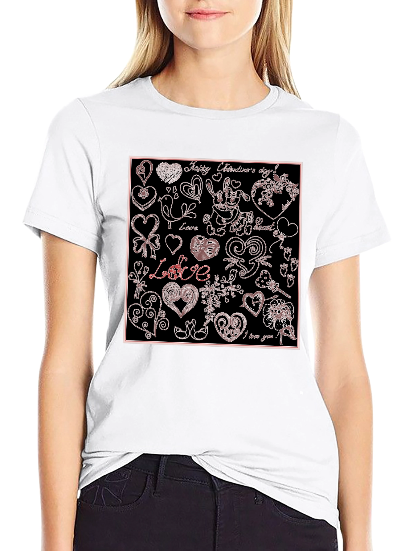Black Valentine's Day Hearts Pattern Graphic Tee view 9