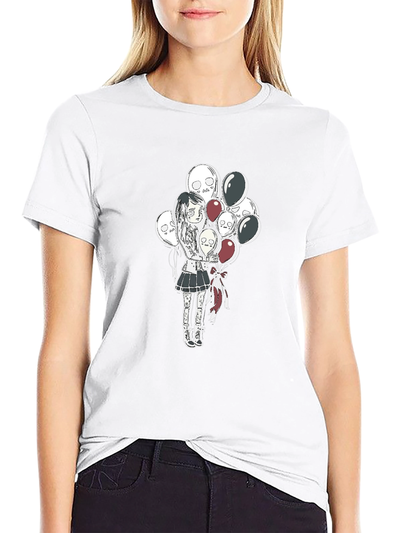 Black Gothic Girl with Skull Balloons Black T-Shirt view 9