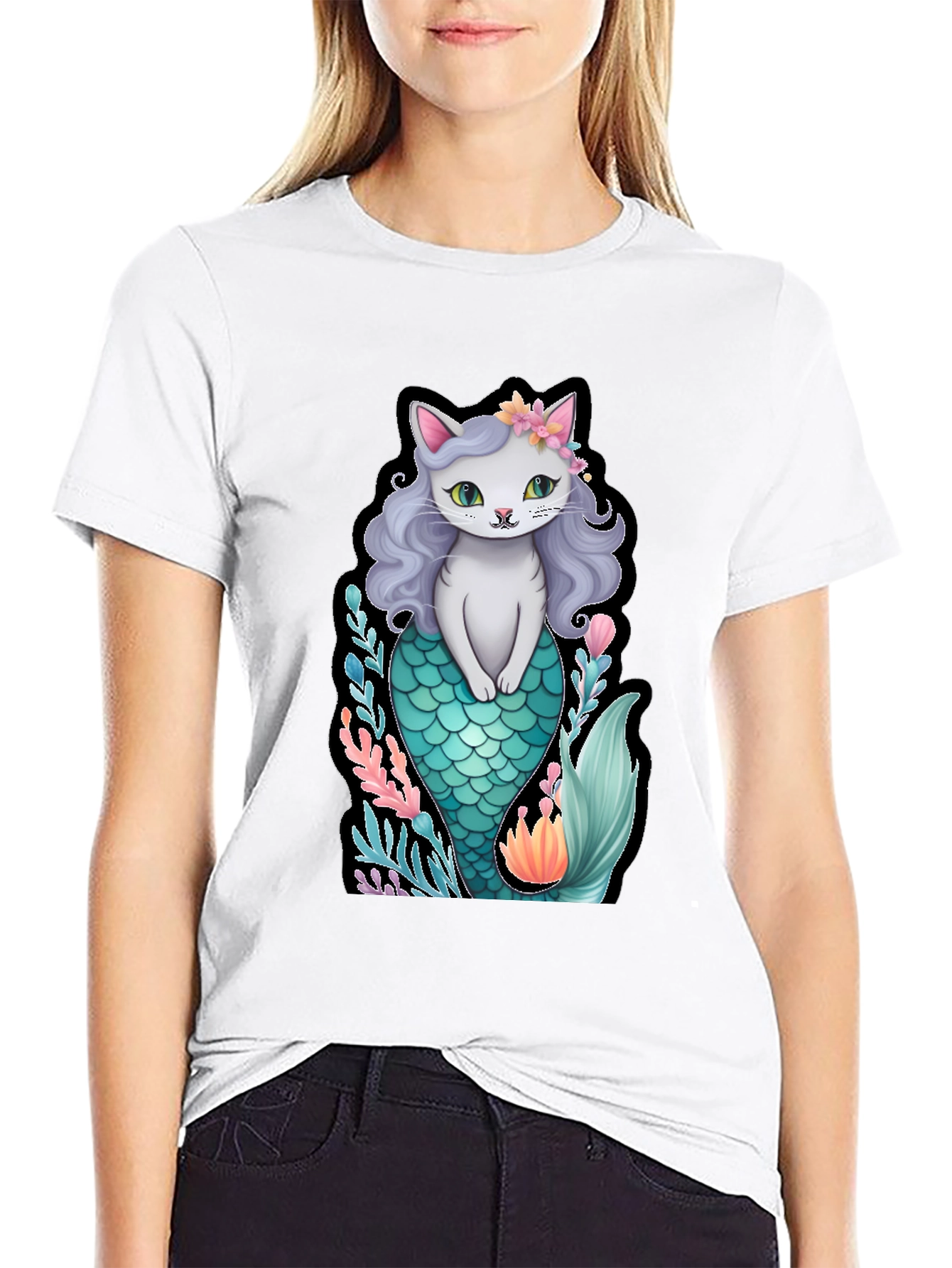 Black Cat Mermaid Graphic T-Shirt - Unique Novelty Tee view 9
