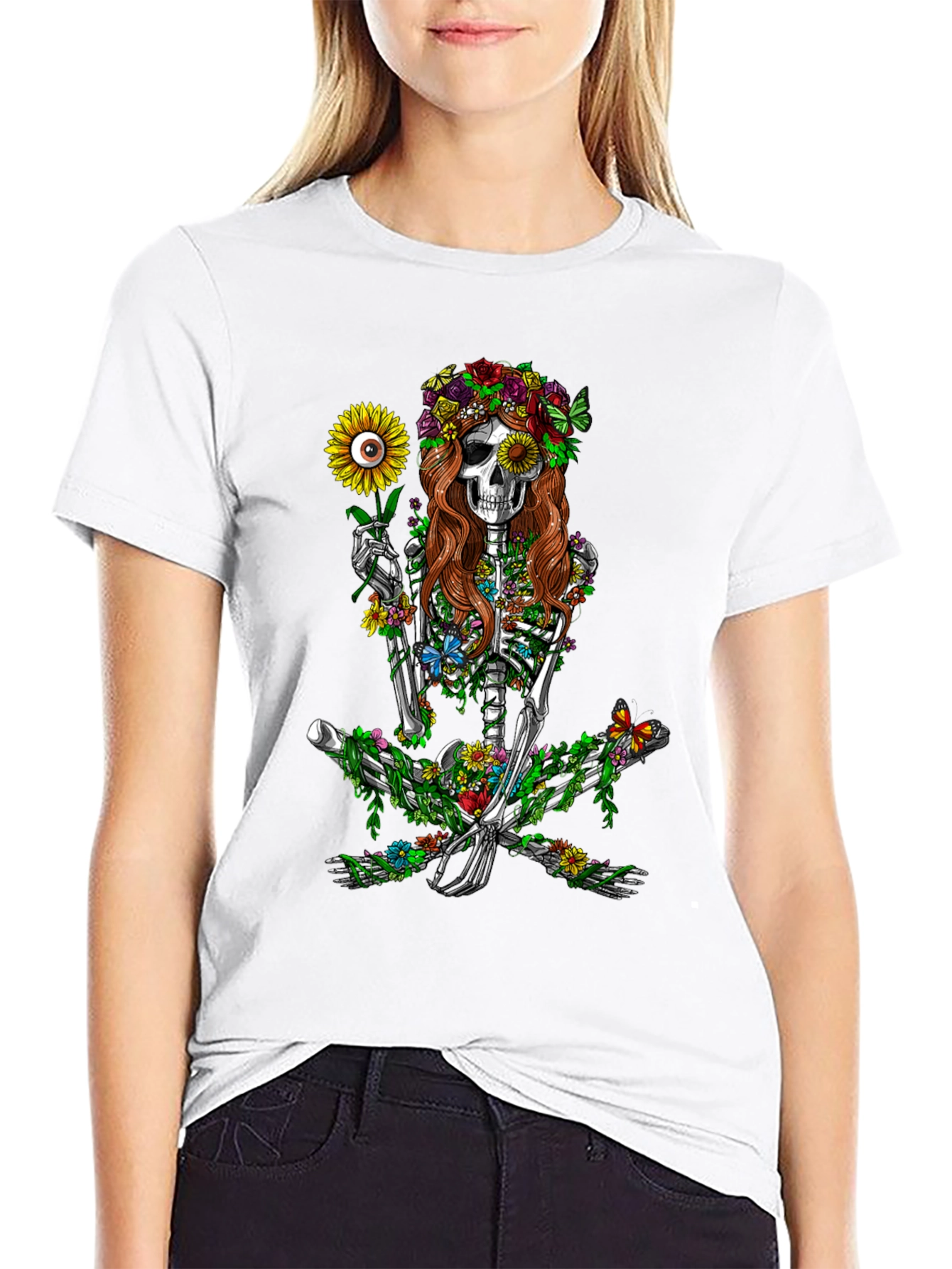 Black Floral Skeleton Graphic T-Shirt - Unisex Black Tee view 9