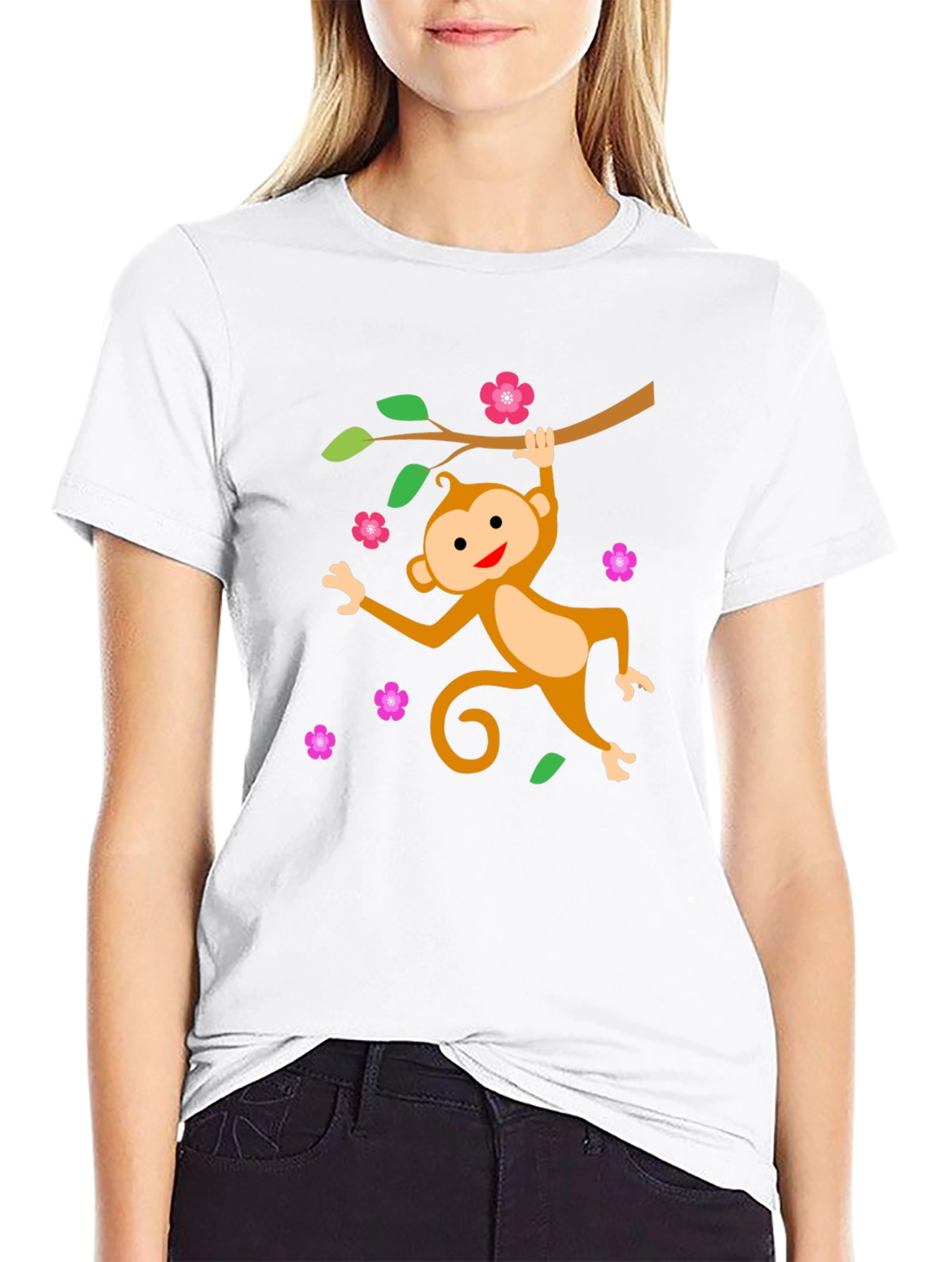 Black Cute Monkey Tree Branch Black T-Shirt view 9