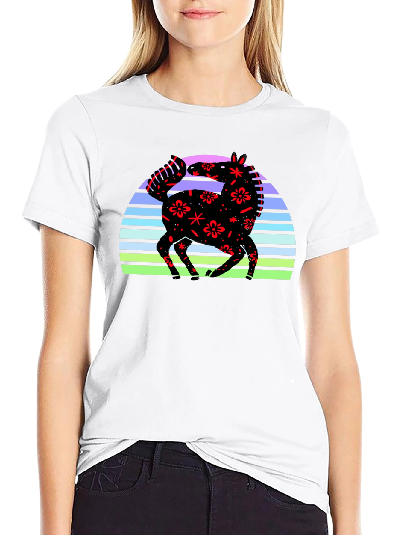 Black Floral Horse Sunset Graphic Tee - Black view 9