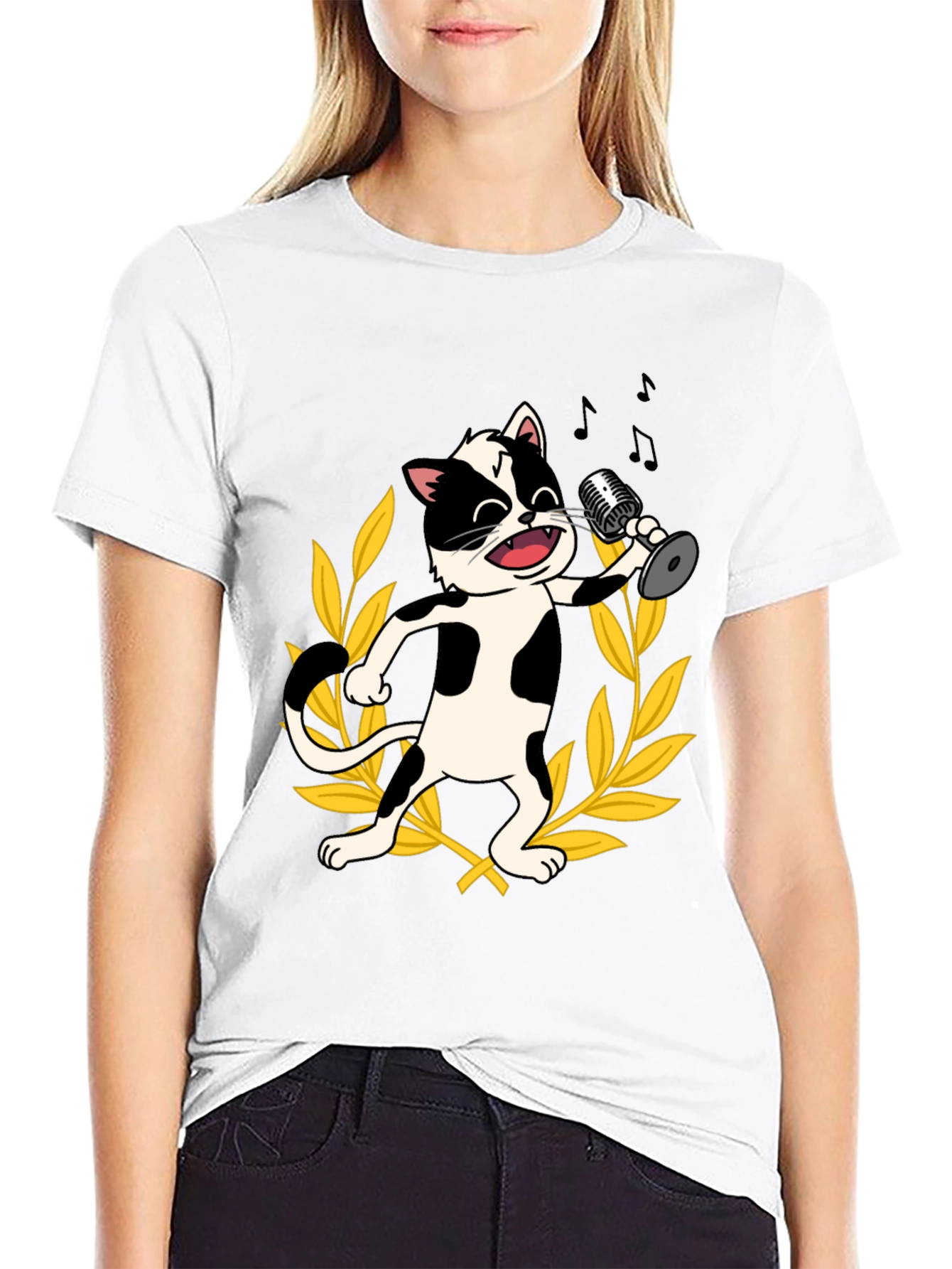 Black Singing Cat Graphic Tee - Black Cotton T-Shirt view 9