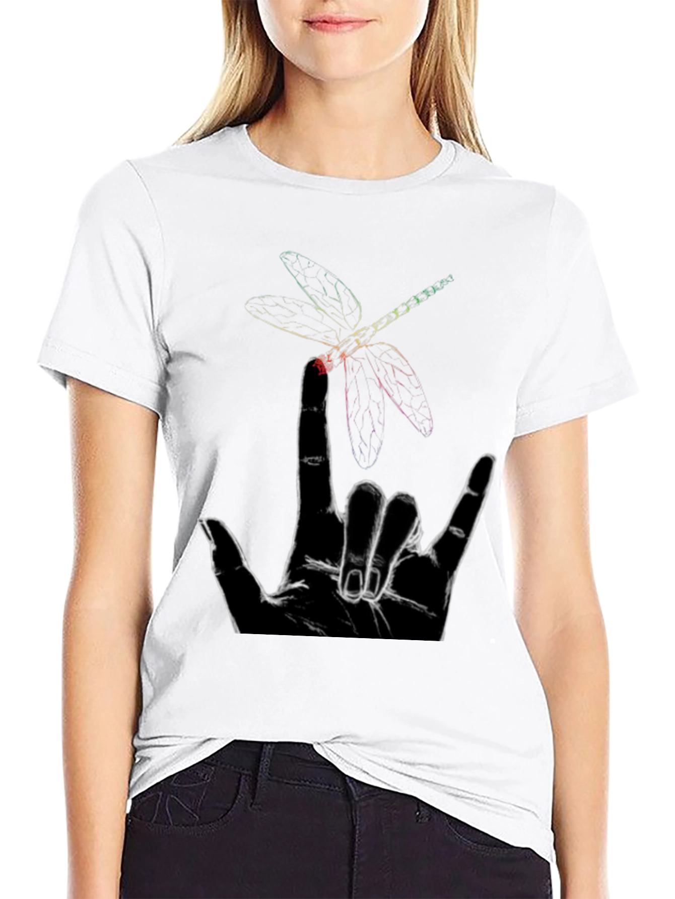 Black Dragonfly Hand Sign Graphic Tee - Black Cotton view 9