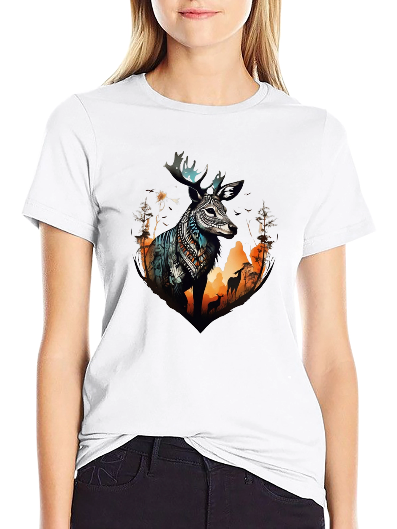 Black Deer Graphic Print Crew Neck Tee view 9