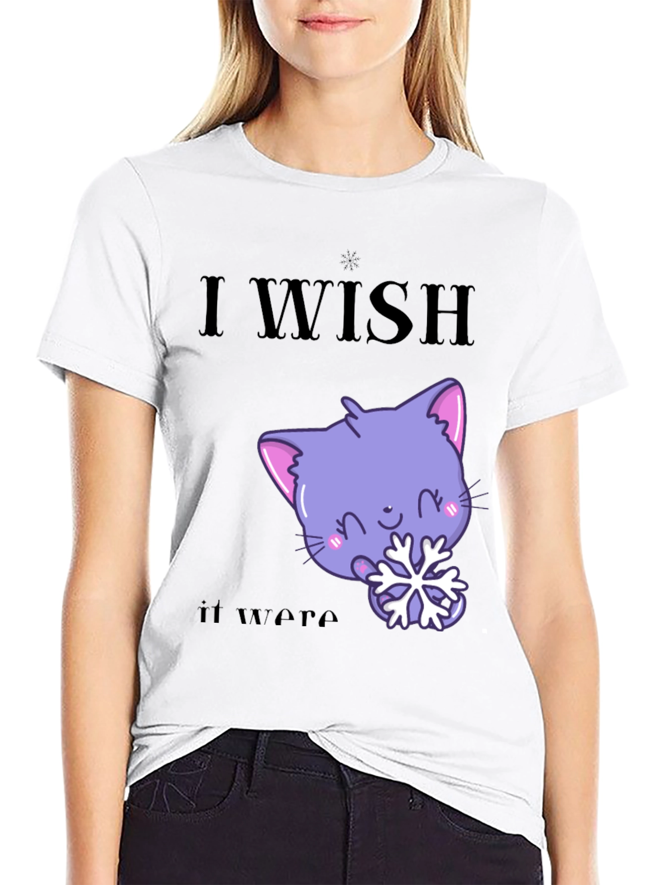 Black Cute Kawaii Cat Snowflake Graphic T-Shirt view 9