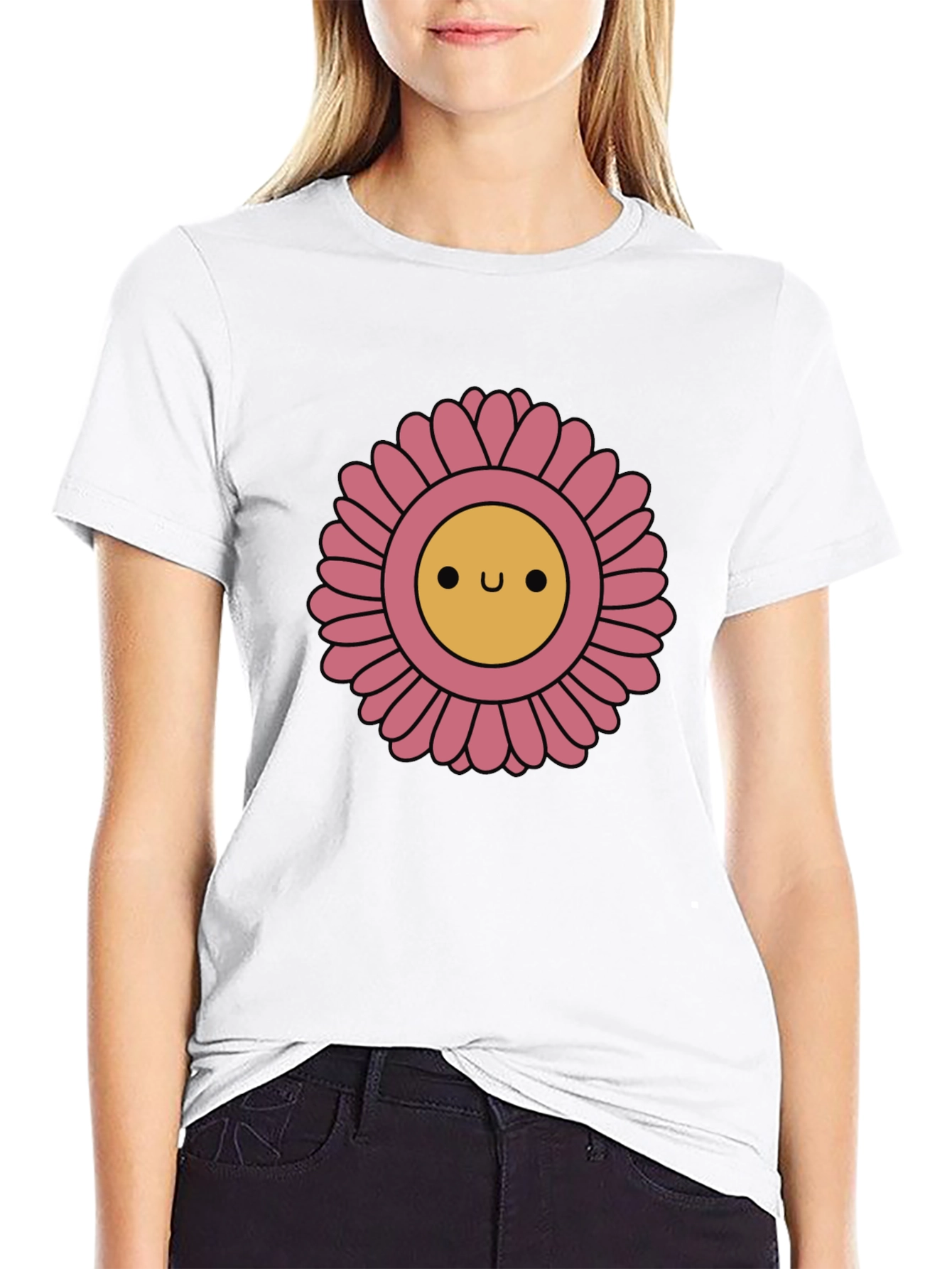 Black Cute Smiling Flower Graphic T-Shirt view 9