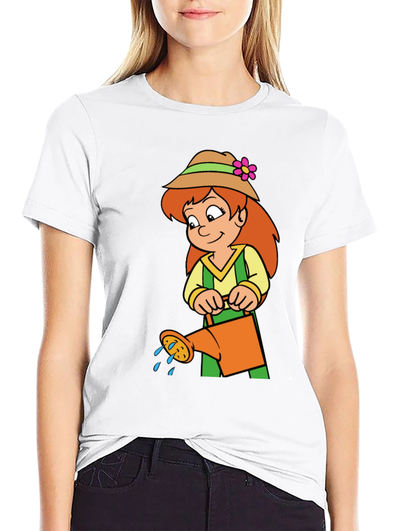 Black Gardening Girl T-Shirt - Fun Cartoon Design view 9