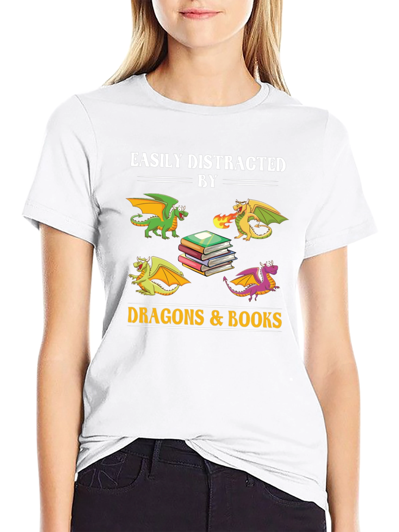 Black Easily Distracted by Dragons and Books T-Shirt view 9