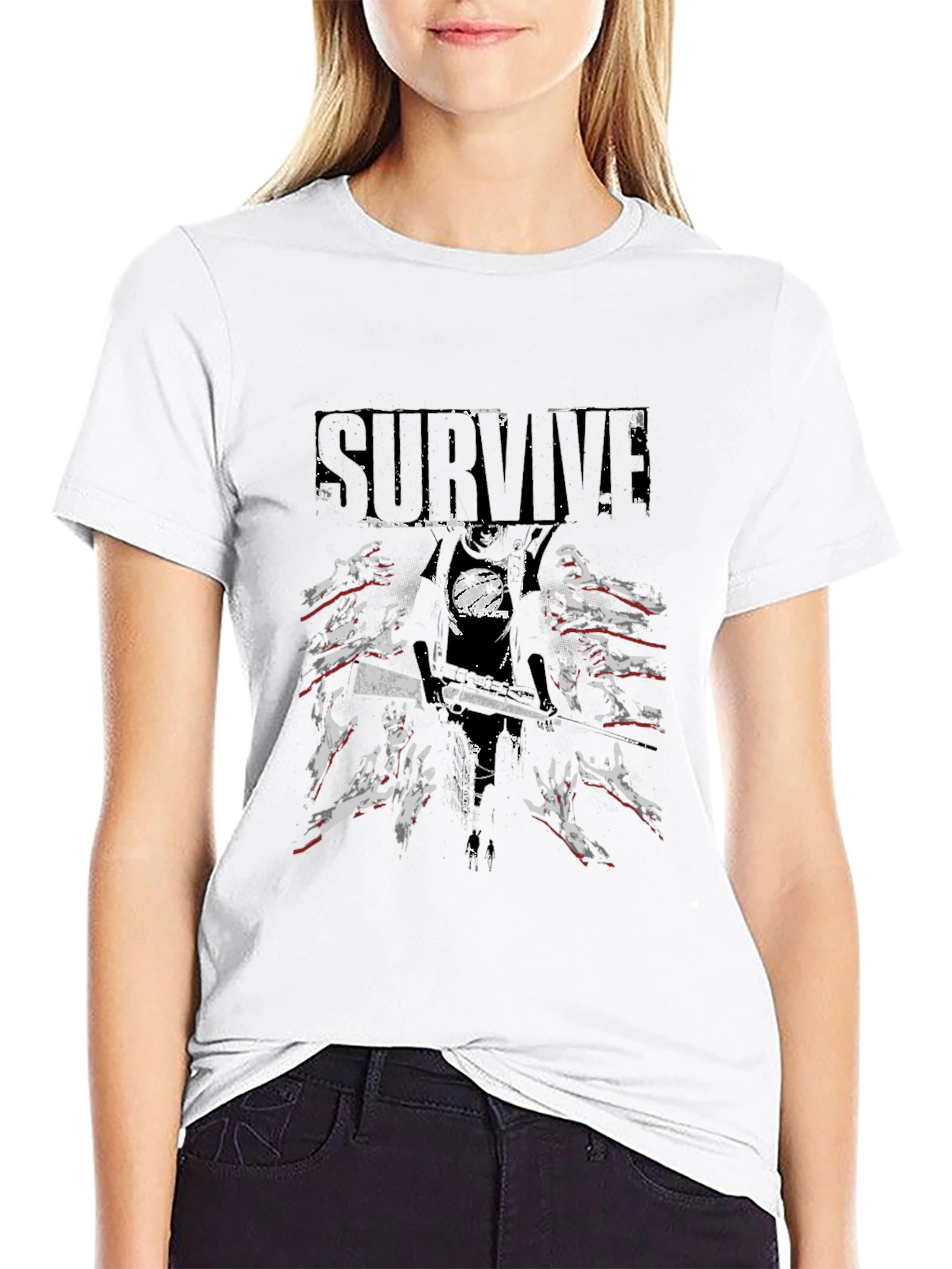 Black Survive Zombie Graphic Print Black T-Shirt view 9