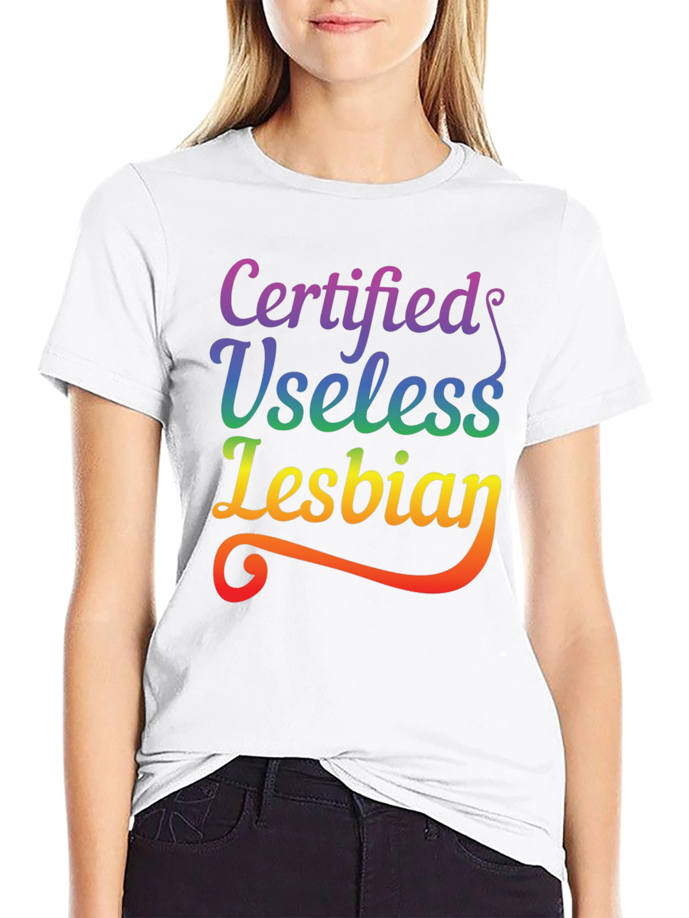 Black Certified Useless Lesbian Rainbow Tee view 9