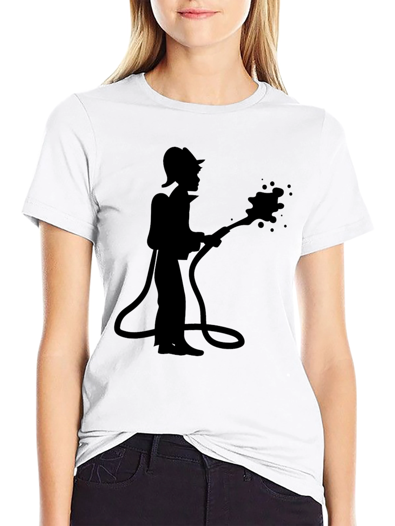 Black Firefighter Silhouette Graphic Tee - Black Cotton Casual Shirt view 9