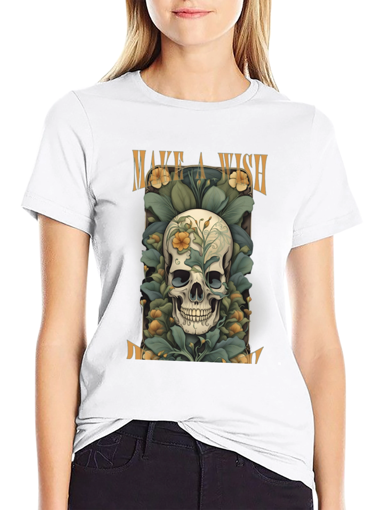 Black Make a Wish Skull Tee - Floral Skull Design view 9