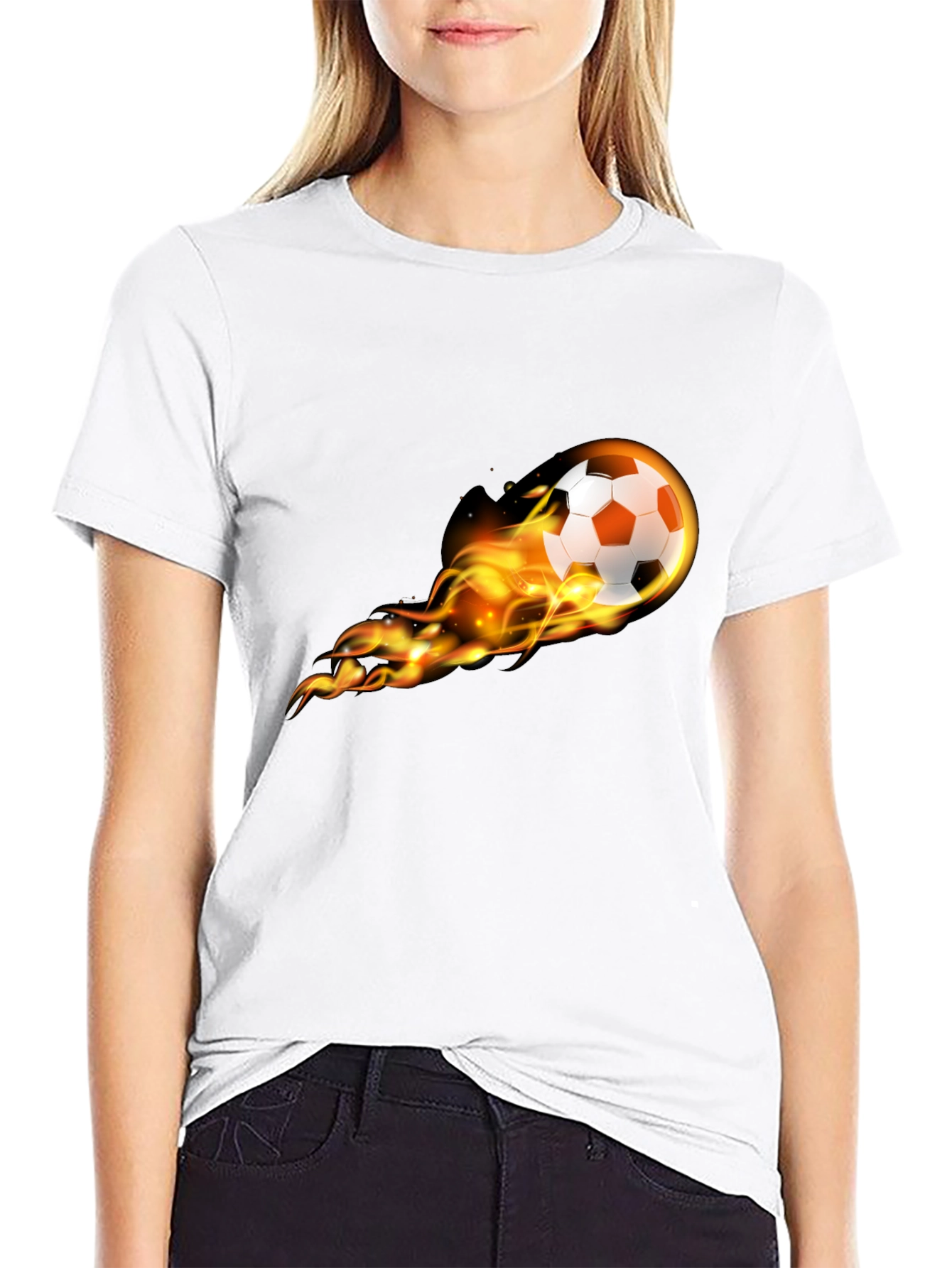 Black Flaming Soccer Ball Graphic Tee - Black Cotton T-Shirt view 9
