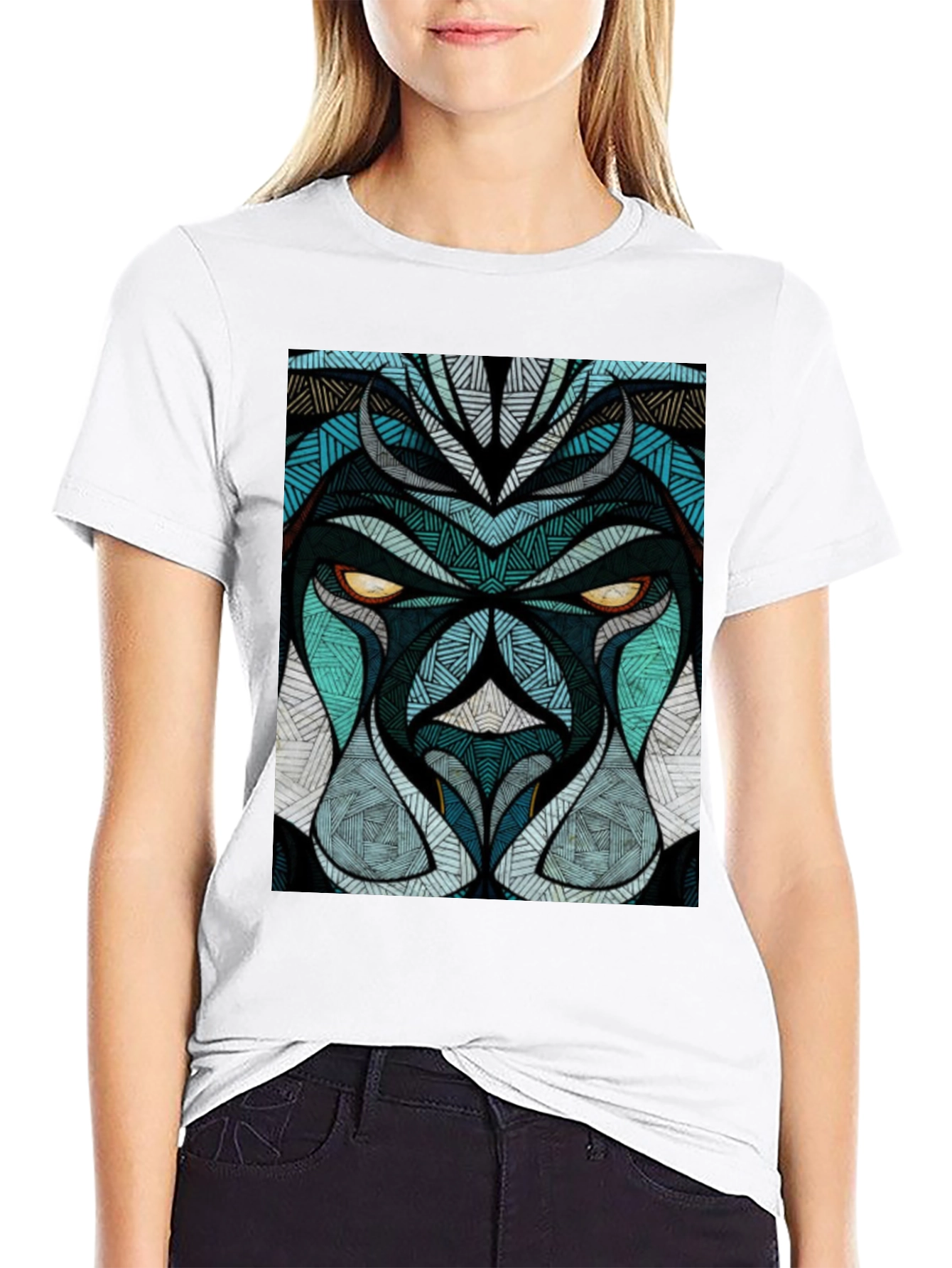 Black Abstract Lion Face Graphic Black T-Shirt view 9