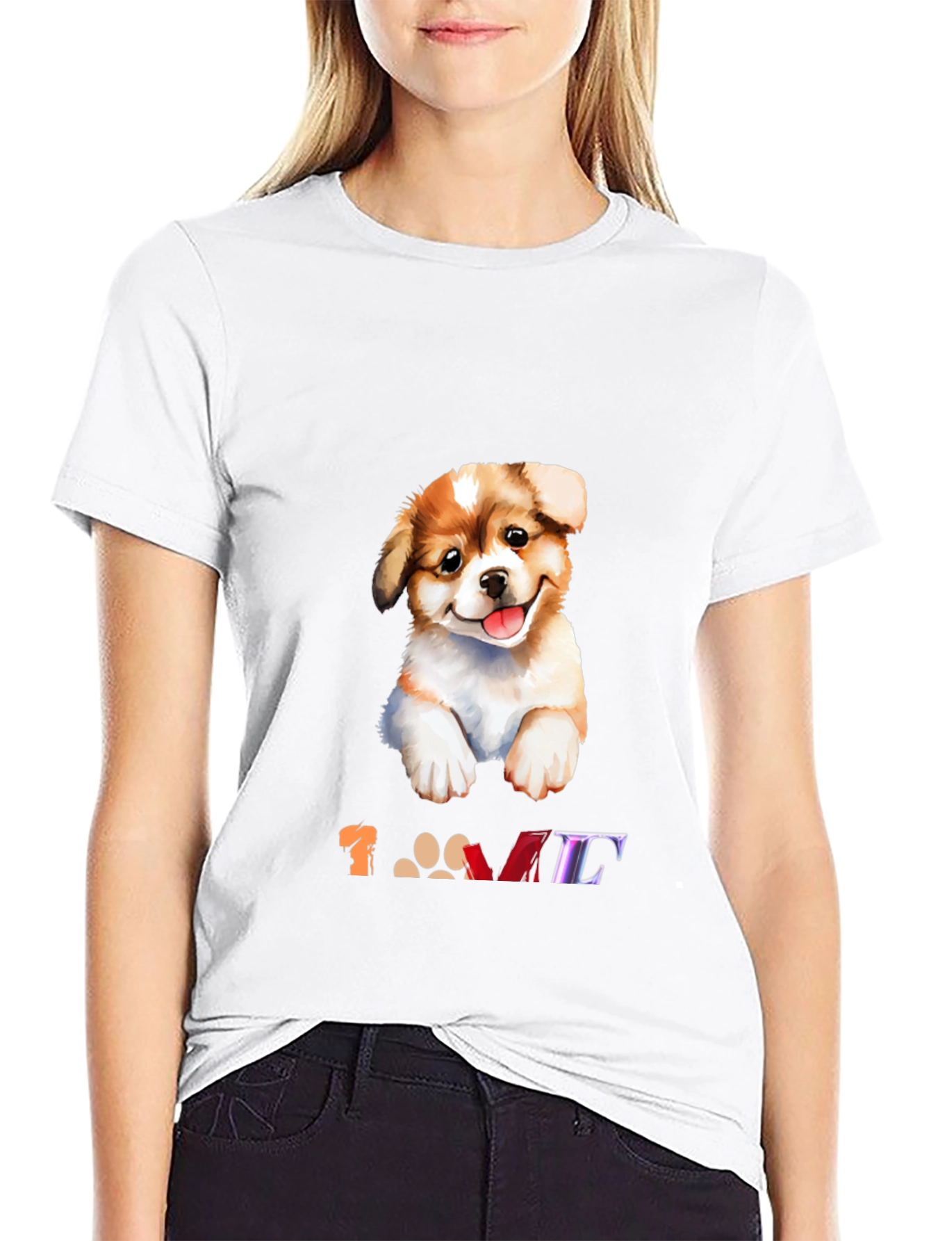 Black Cute Puppy Dog "Love" Graphic Black T-Shirt view 9