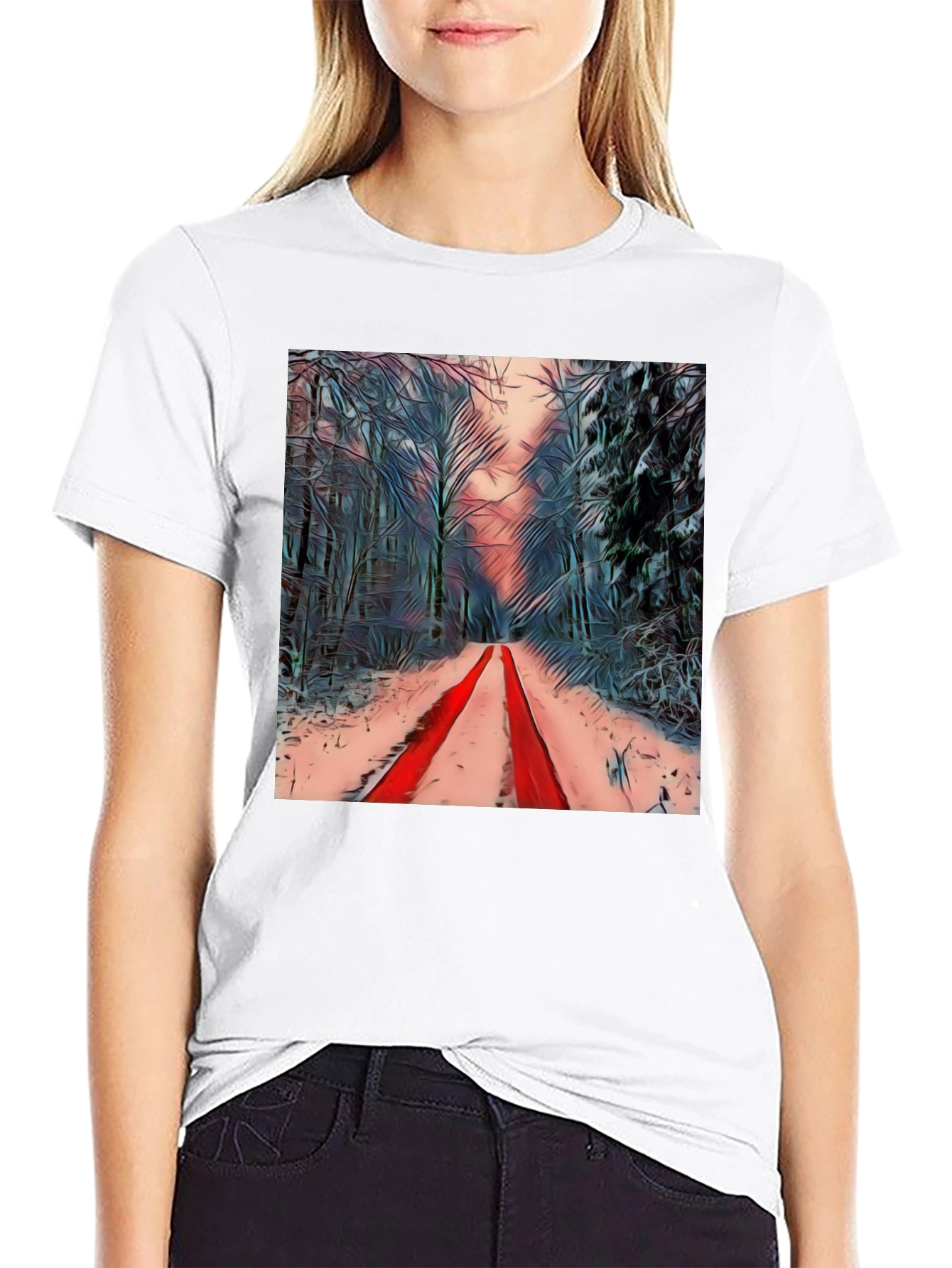 Black Winter Forest Red Path Black T-Shirt view 9
