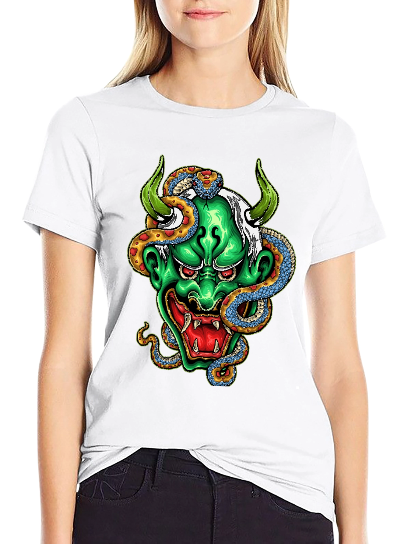 Black Men's Graphic Tee - Oni Mask & Snake view 9