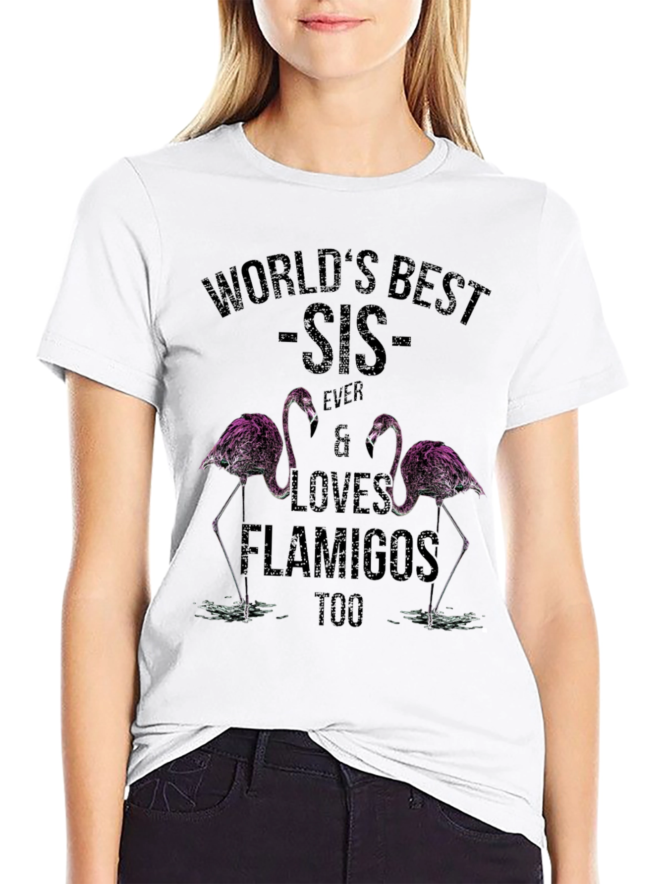 Black World's Best Sis Flamingo T-Shirt view 9