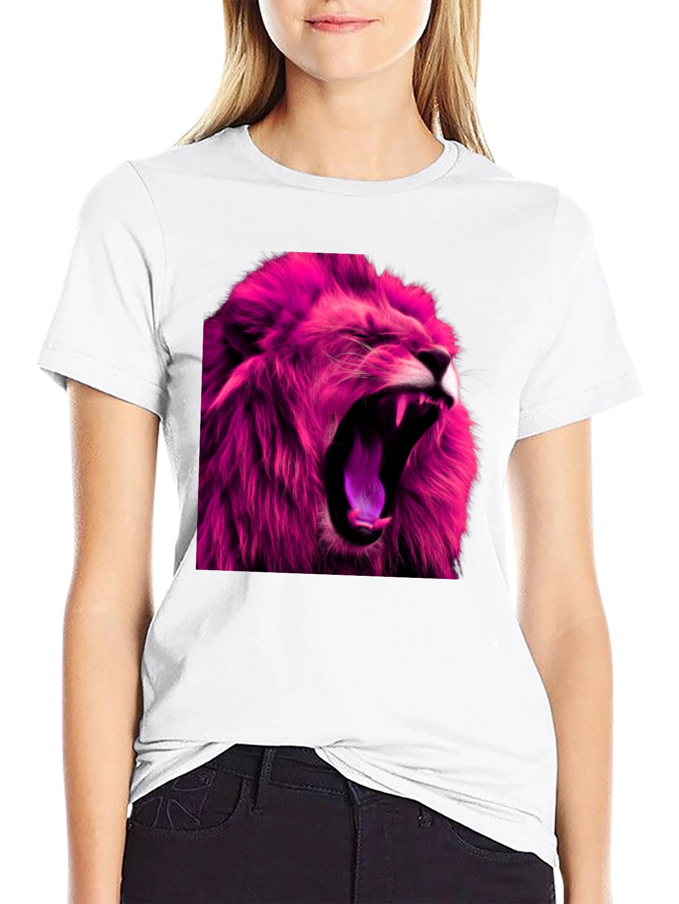 Black Roaring Pink Lion Graphic Print Black T-Shirt view 9