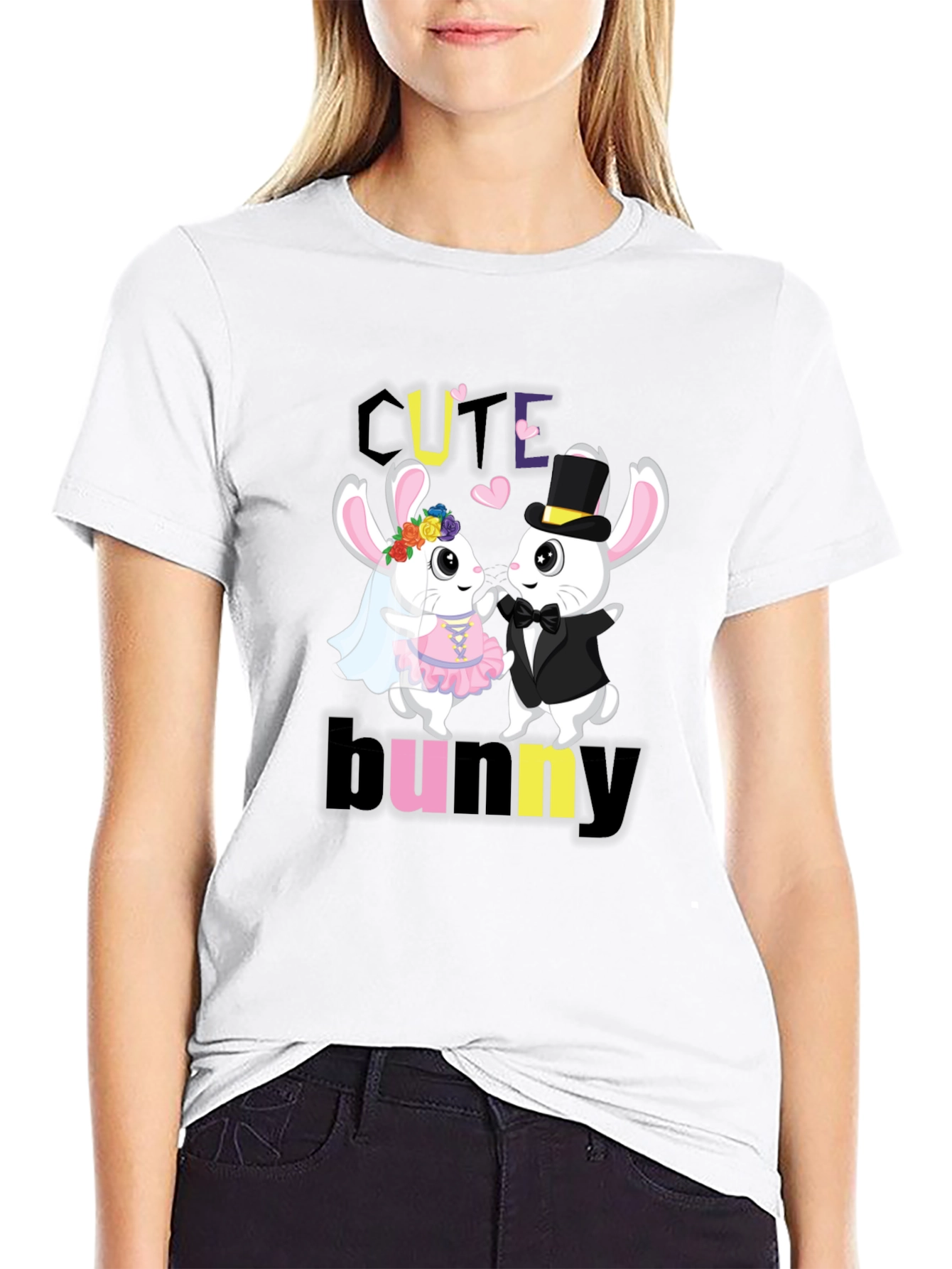 Black Cute Bunny Couple Graphic T-Shirt view 9