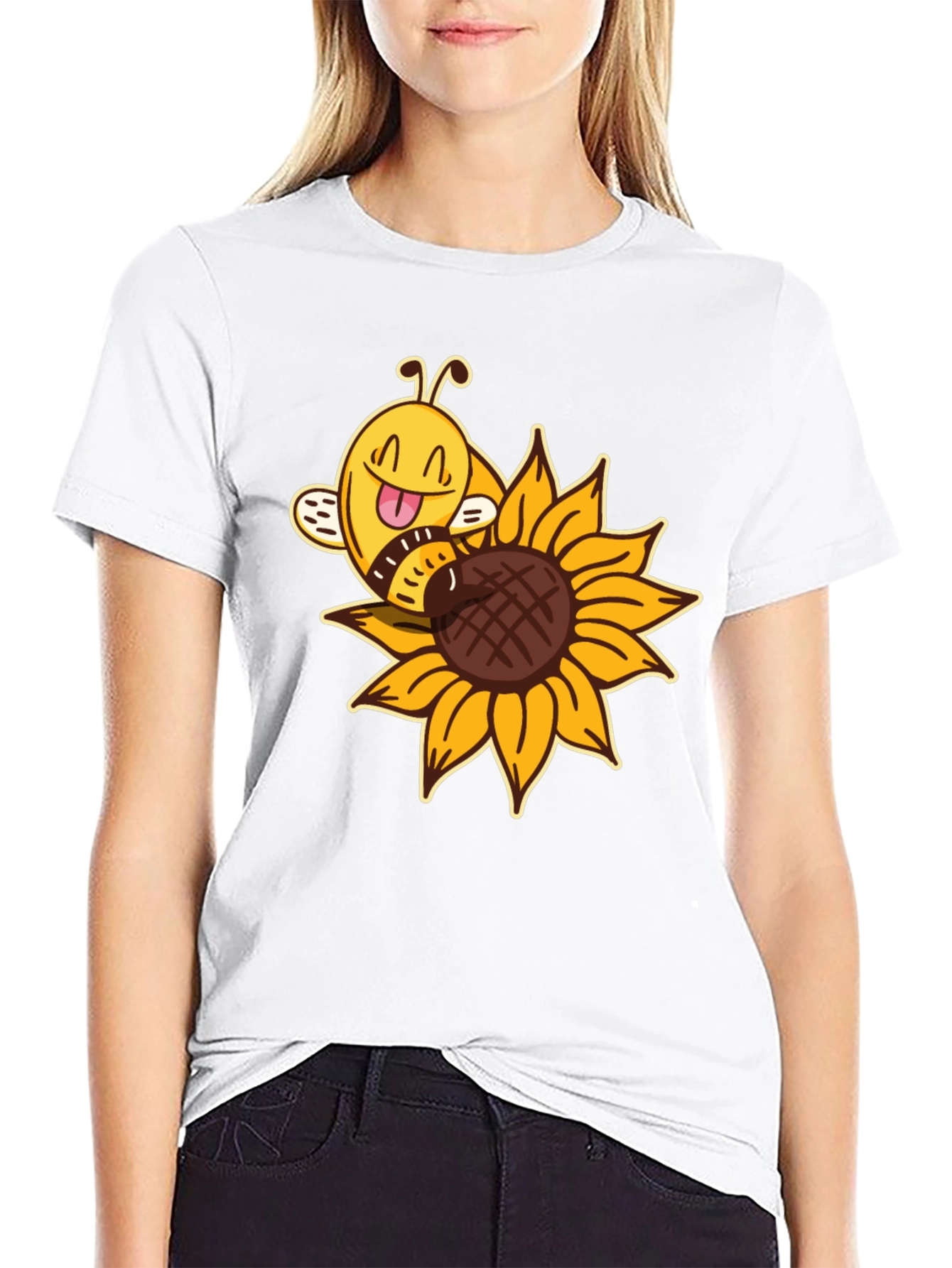 Black Cute Bee on Sunflower Black T-Shirt view 9