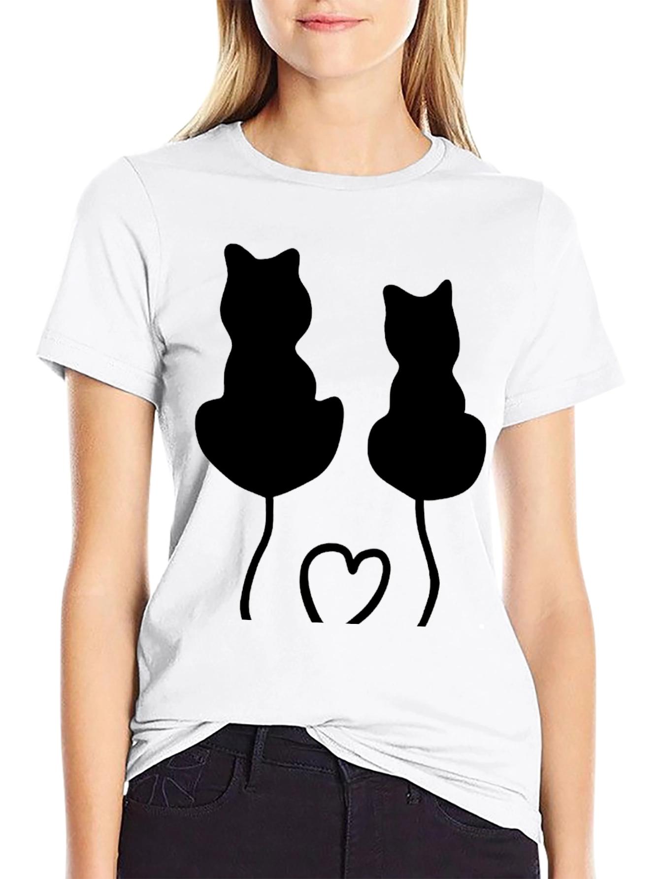 Black Whimsical Black Cat Heart T-Shirt view 9