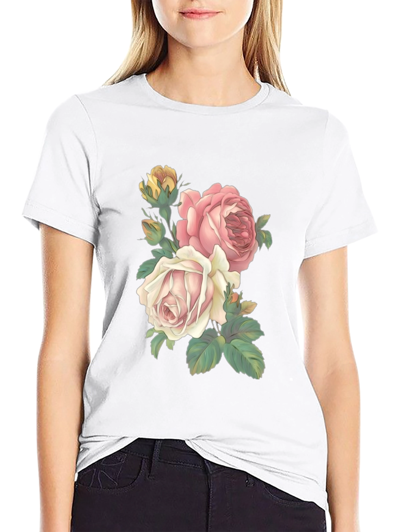 Black Floral Print T-Shirt - Elegant Rose Design view 9