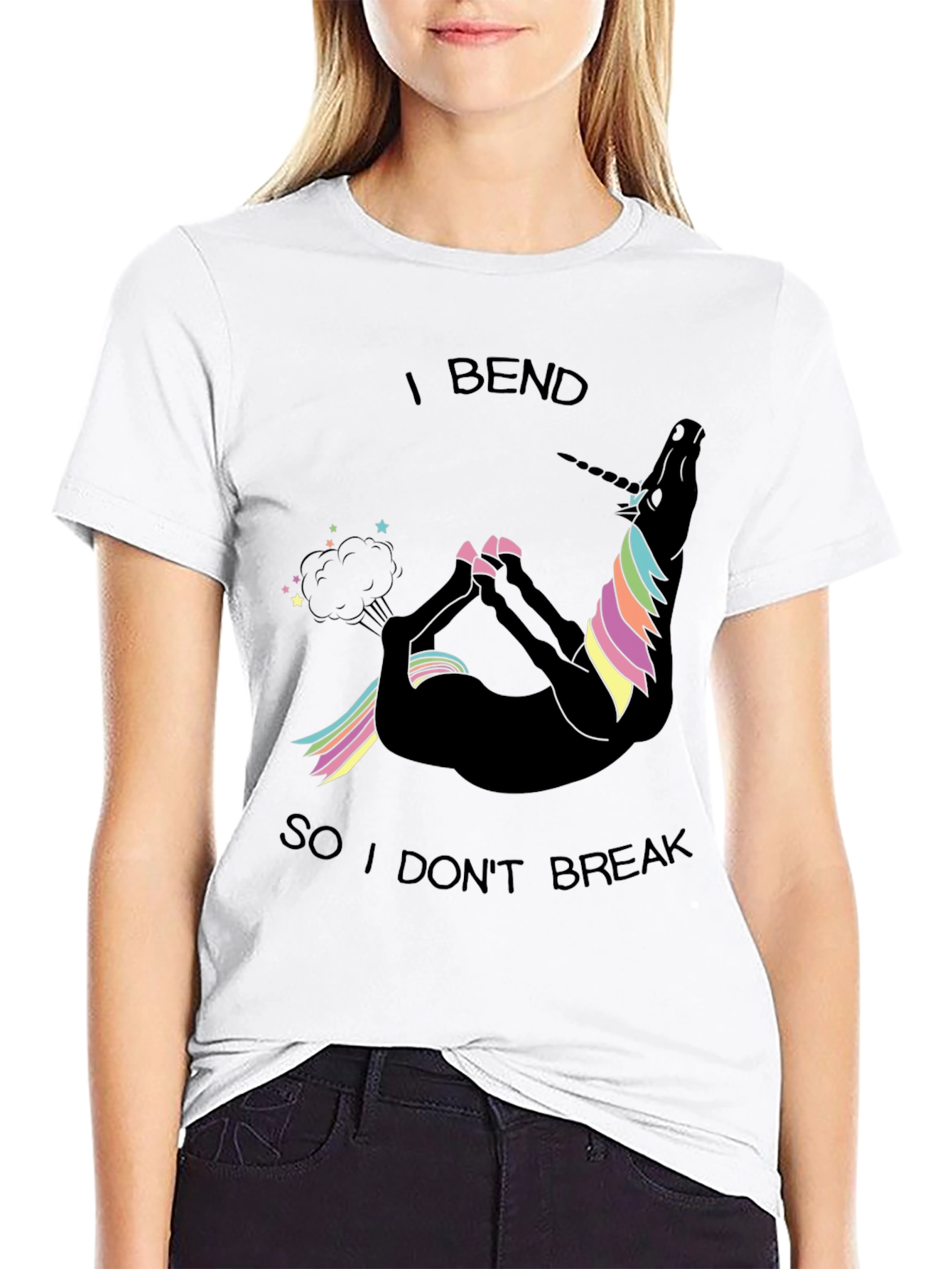 Black Funny Unicorn Yoga T-Shirt - I Bend So I Don't Break view 9